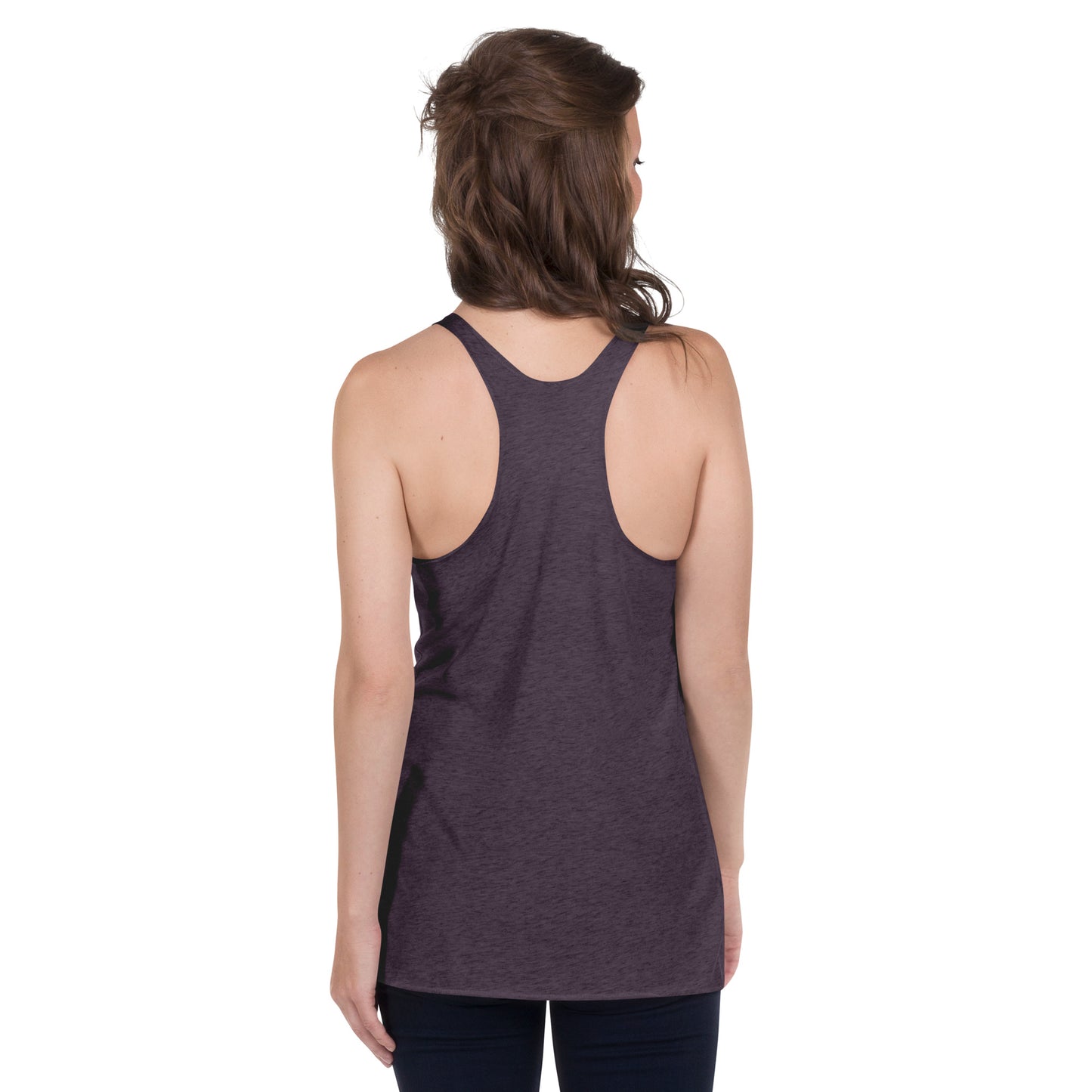 Women's Racerback Tank, black/navy/purple colors. S+F custom pickleball logo design, green and white crest.