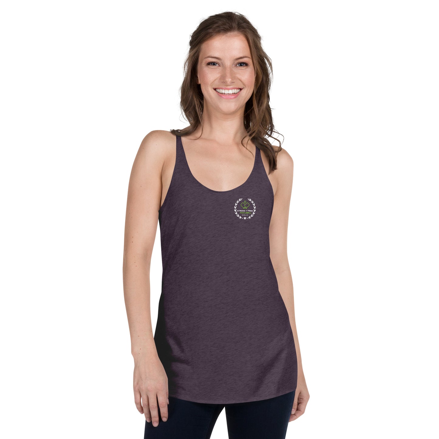 Women's Racerback Tank, black/navy/purple colors. S+F custom pickleball logo design, green and white crest.