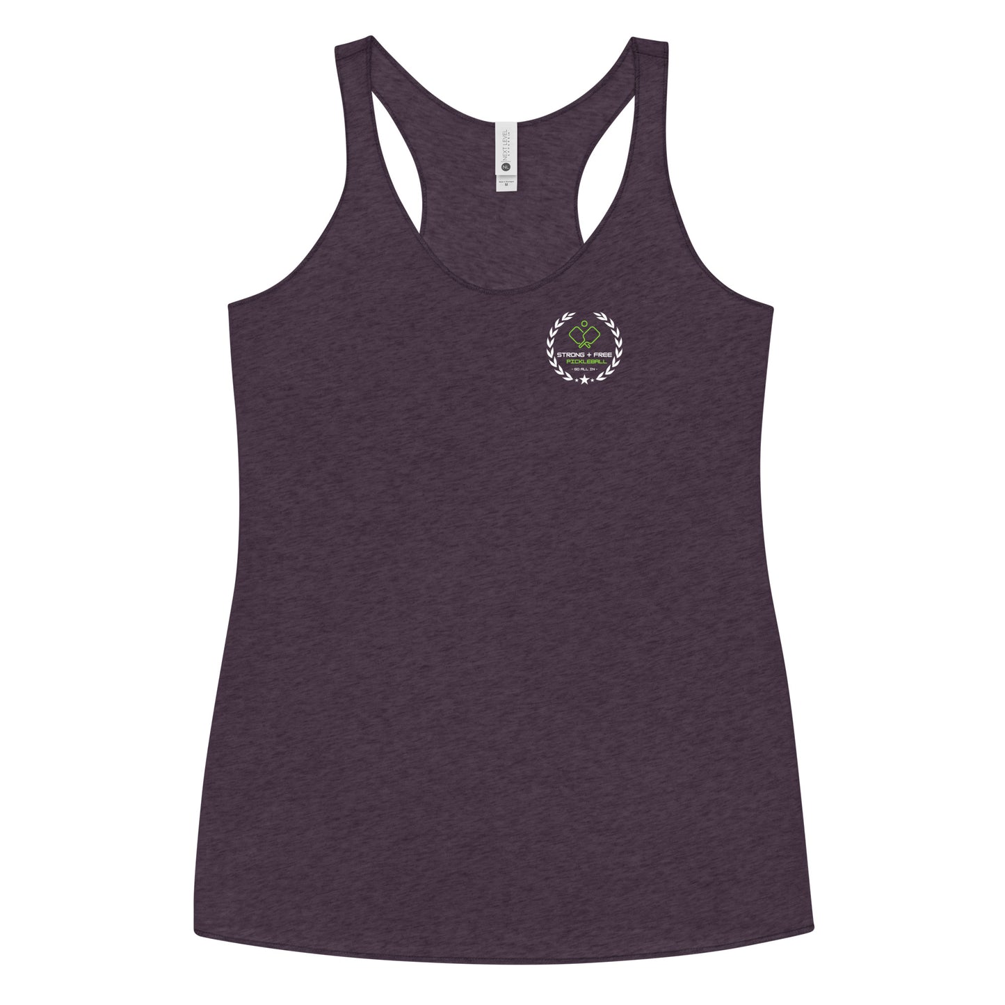 Women's Racerback Tank, black/navy/purple colors. S+F custom pickleball logo design, green and white crest.