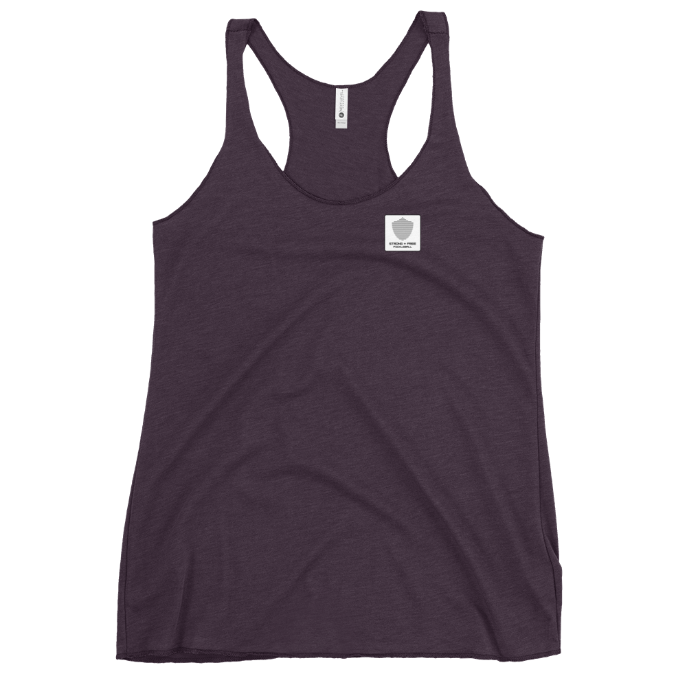 Women's Racerback Tank, various colors. S+F signature shield logo design, reverse white icon.