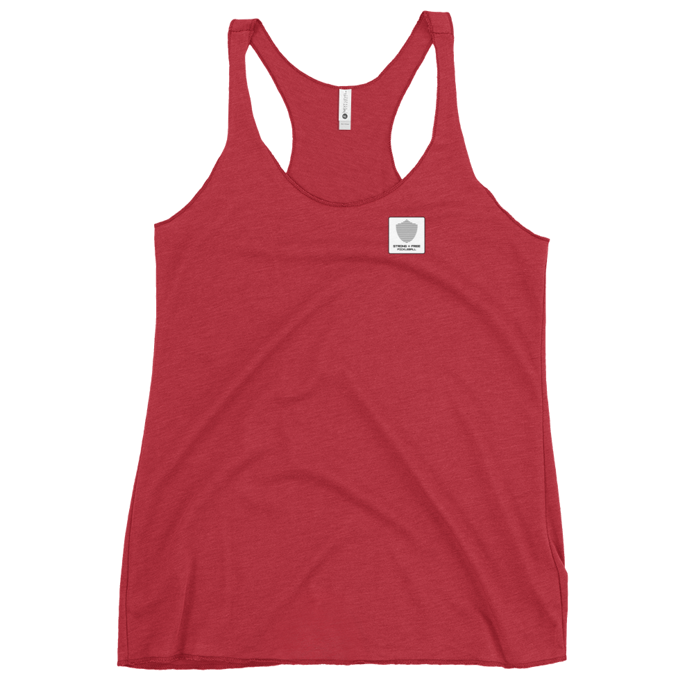 Women's Racerback Tank, various colors. S+F signature shield logo design, reverse white icon.