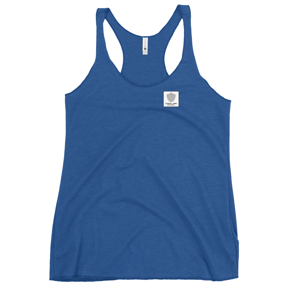 Women's Racerback Tank, various colors. S+F signature shield logo design, reverse white icon.