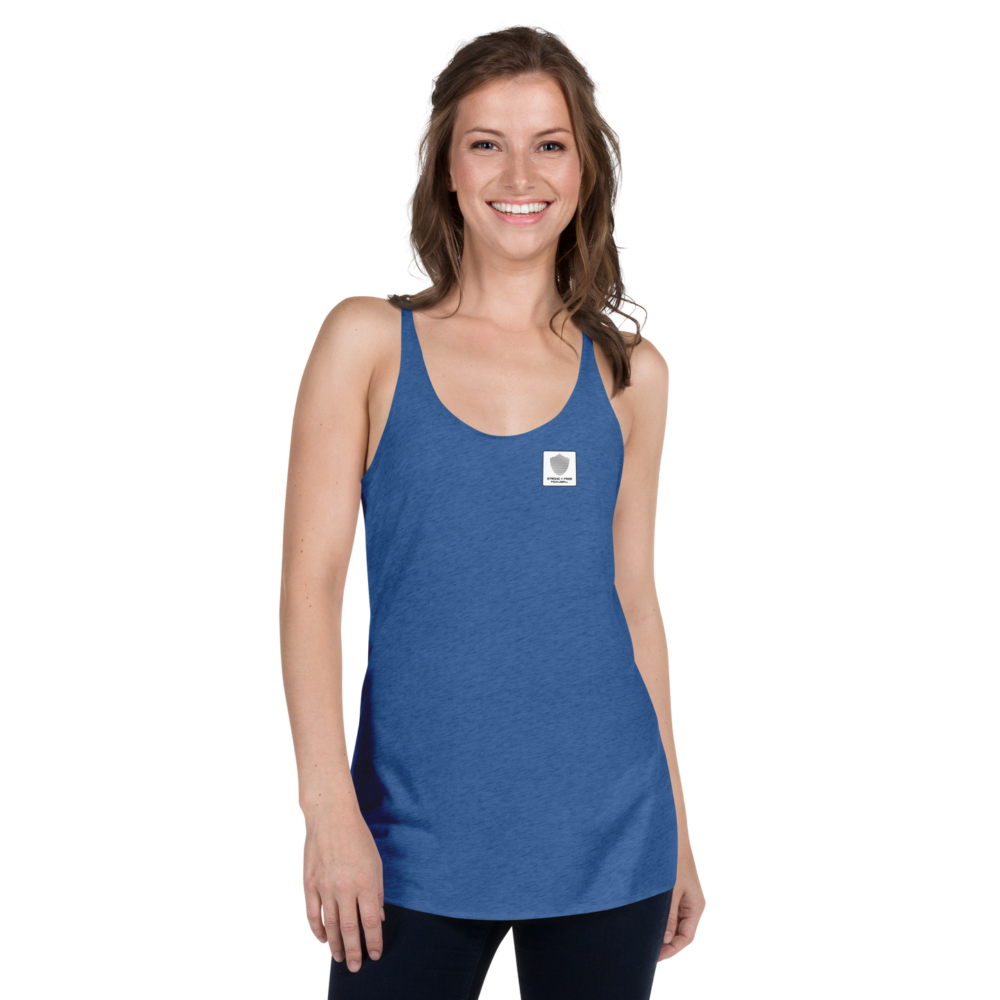 Women's Racerback Tank, various colors. S+F signature shield logo design, reverse white icon.