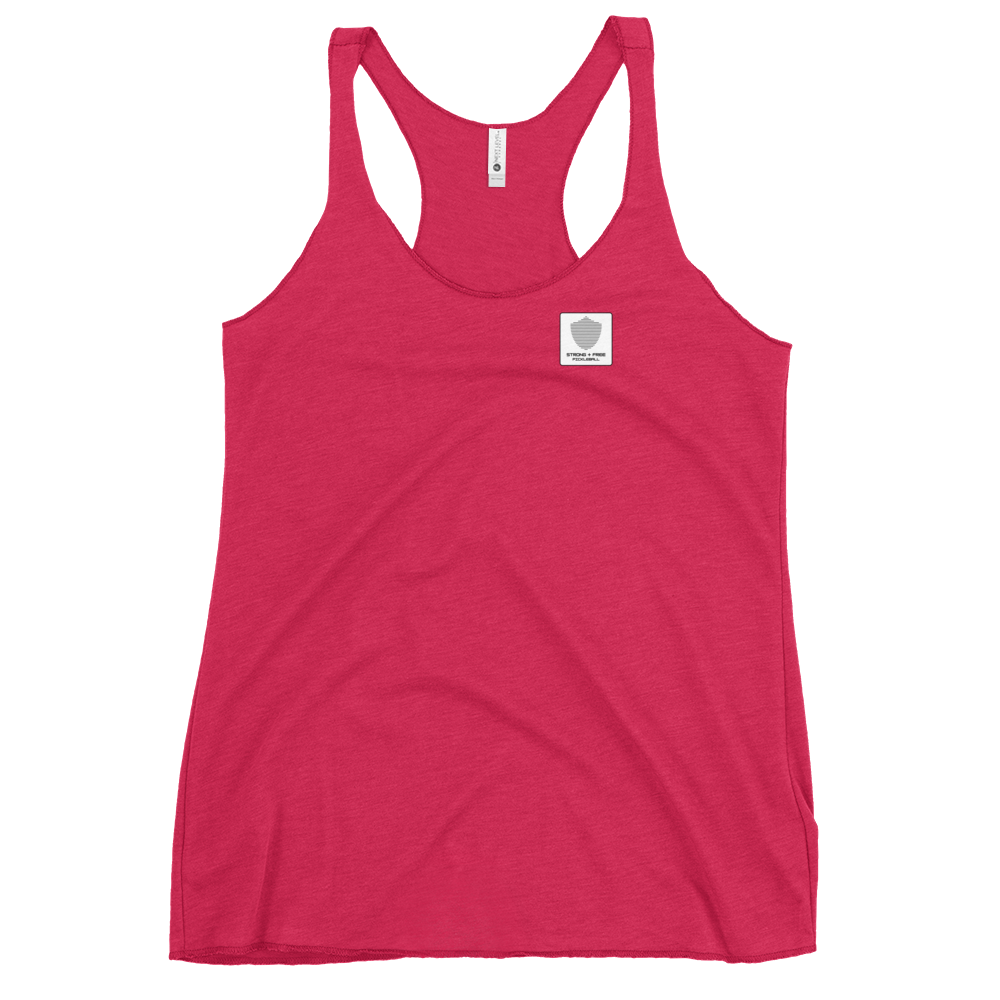 Women's Racerback Tank, various colors. S+F signature shield logo design, reverse white icon.