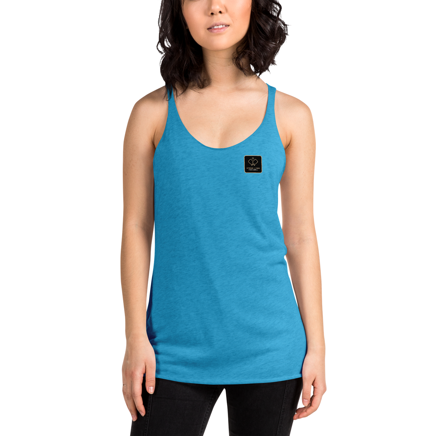 Women's Racerback Tank, various colors. S+F signature pickleball logo design, reverse black icon.
