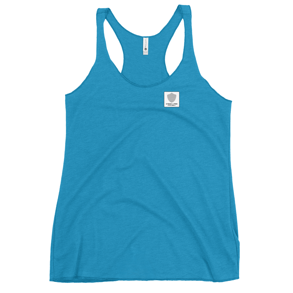 Women's Racerback Tank, various colors. S+F signature shield logo design, reverse white icon.