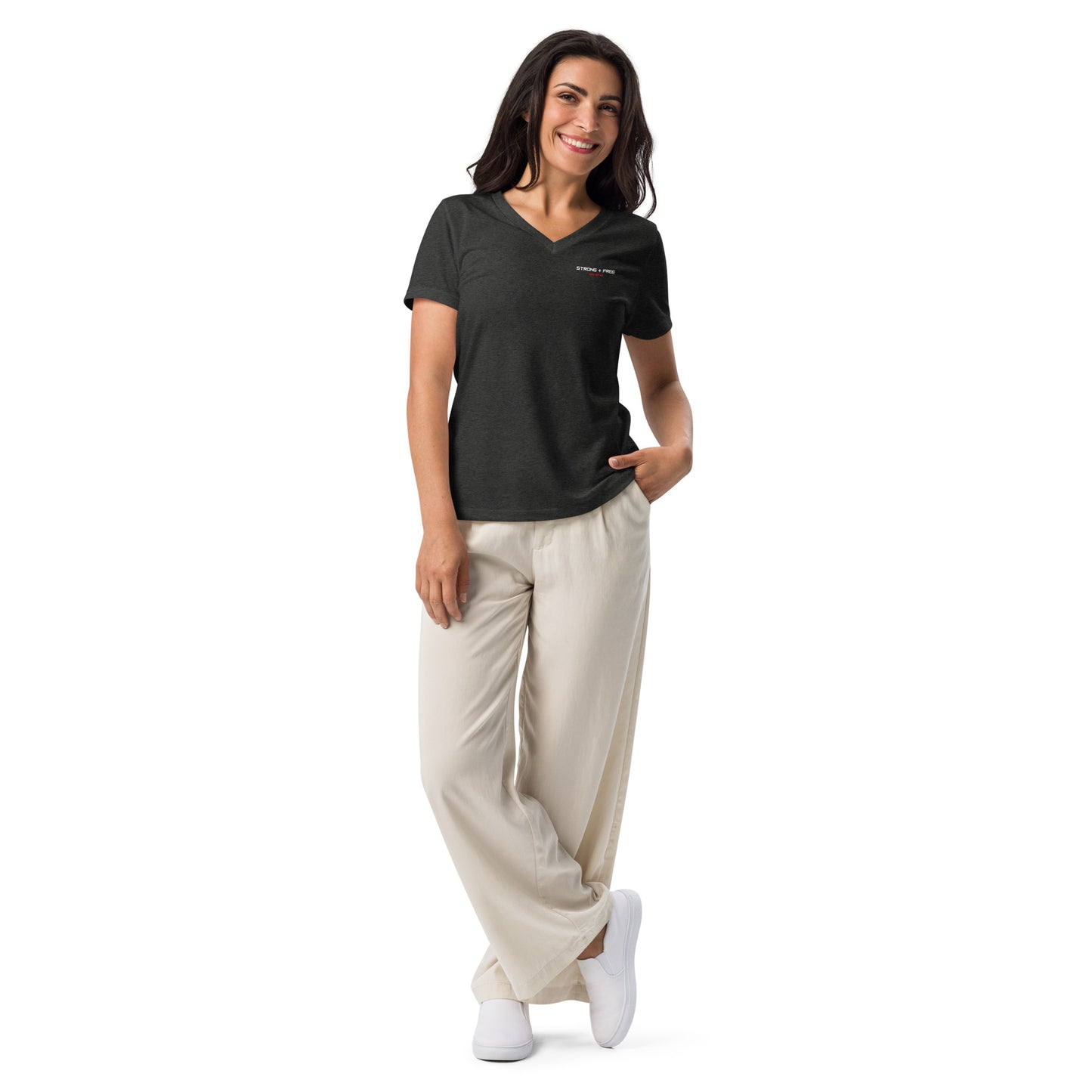 Women’s Relaxed Fit V-neck tee, various colors. S+F signature wordmark logo design.