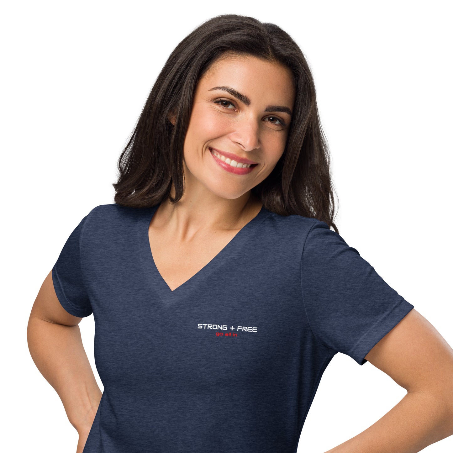 Women’s Relaxed Fit V-neck tee, various colors. S+F signature wordmark logo design.