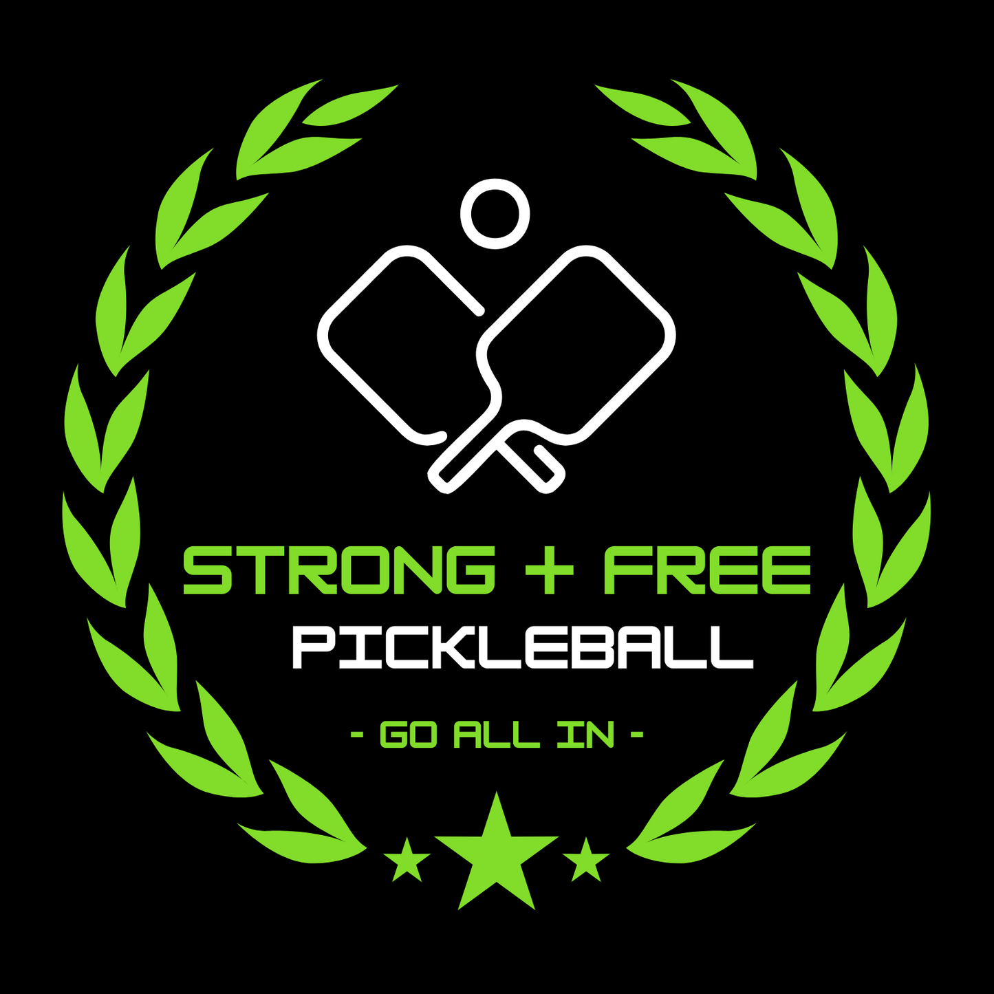 Men's tee, black. S+F custom pickleball logo design, green crest.