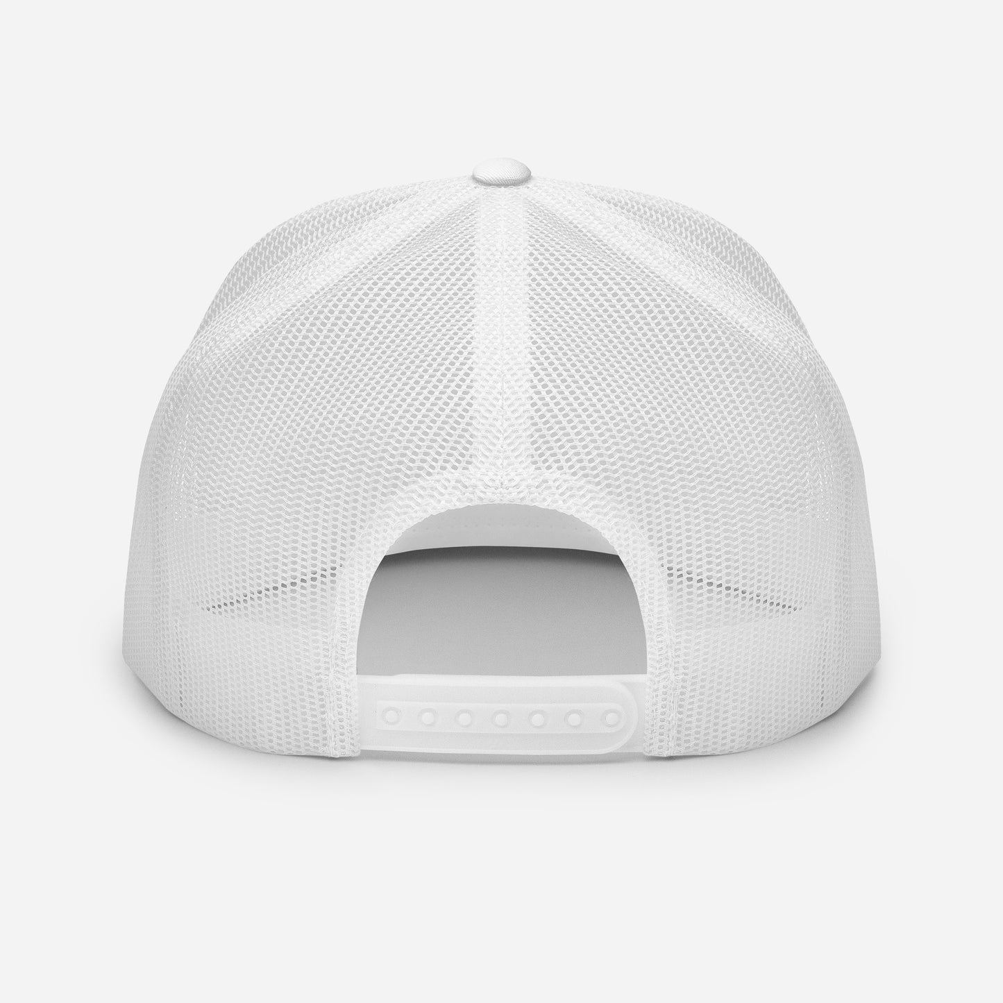 Mesh Trucker Flat Bill Hat, White. S+F Shield I Logo Design