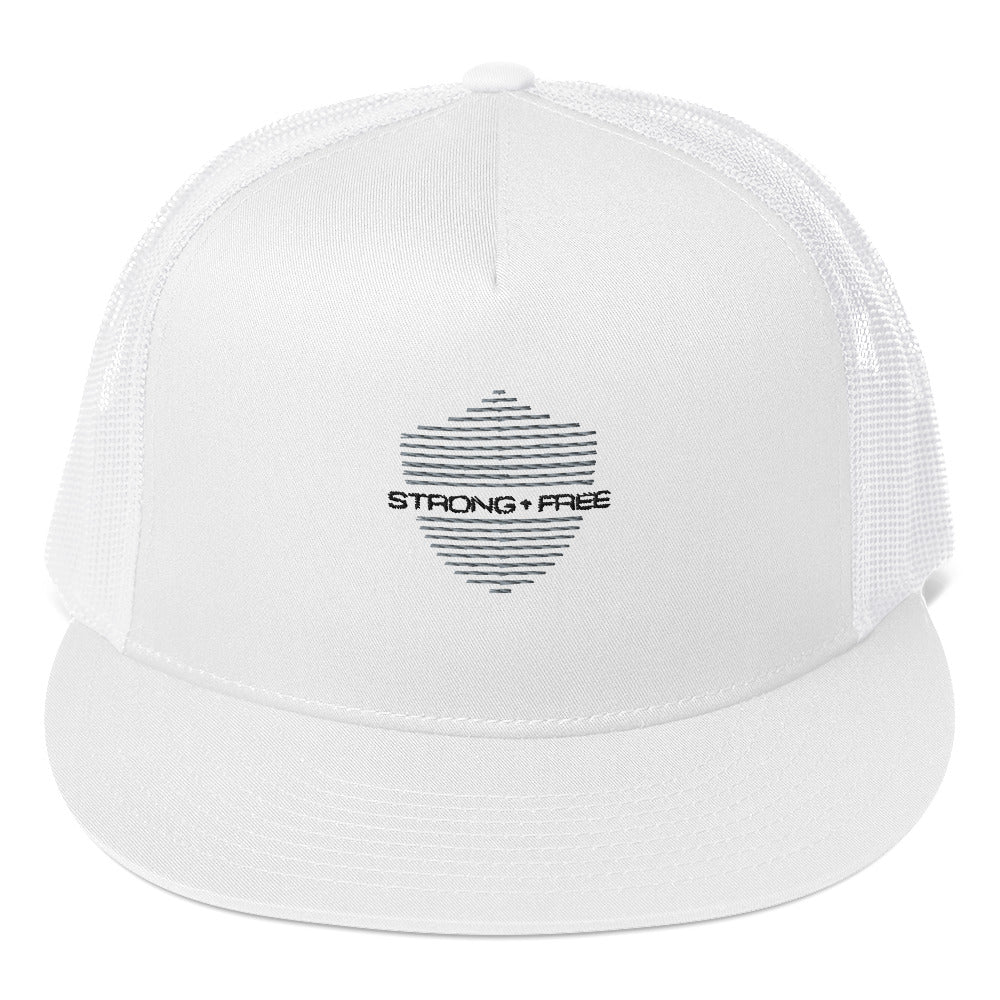 Mesh Trucker Flat Bill Hat, White. S+F Shield I Logo Design