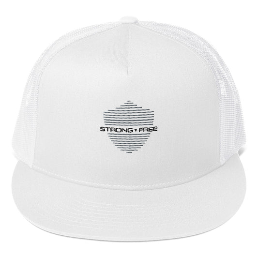 Mesh Trucker Flat Bill Hat, White. S+F Shield I Logo Design