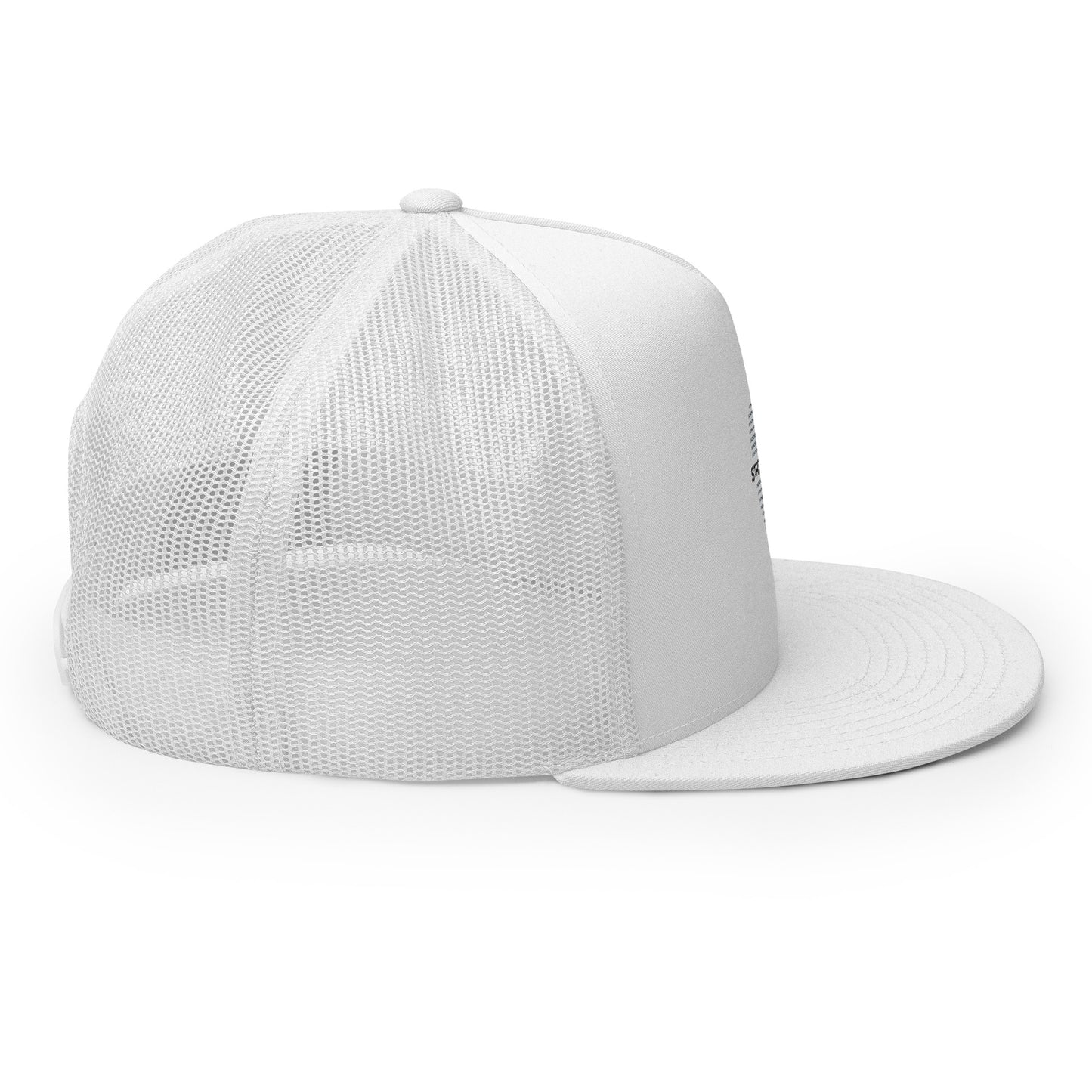 Mesh Trucker Flat Bill Hat, White. S+F Shield I Logo Design