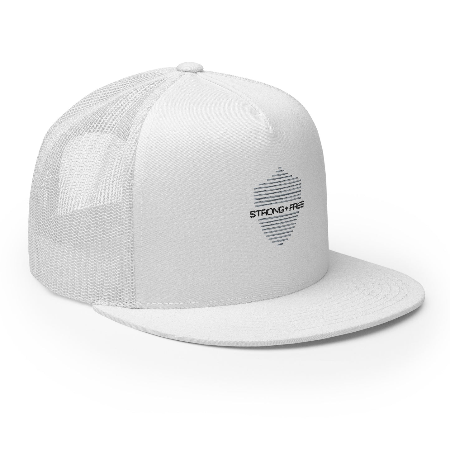 Mesh Trucker Flat Bill Hat, White. S+F Shield I Logo Design