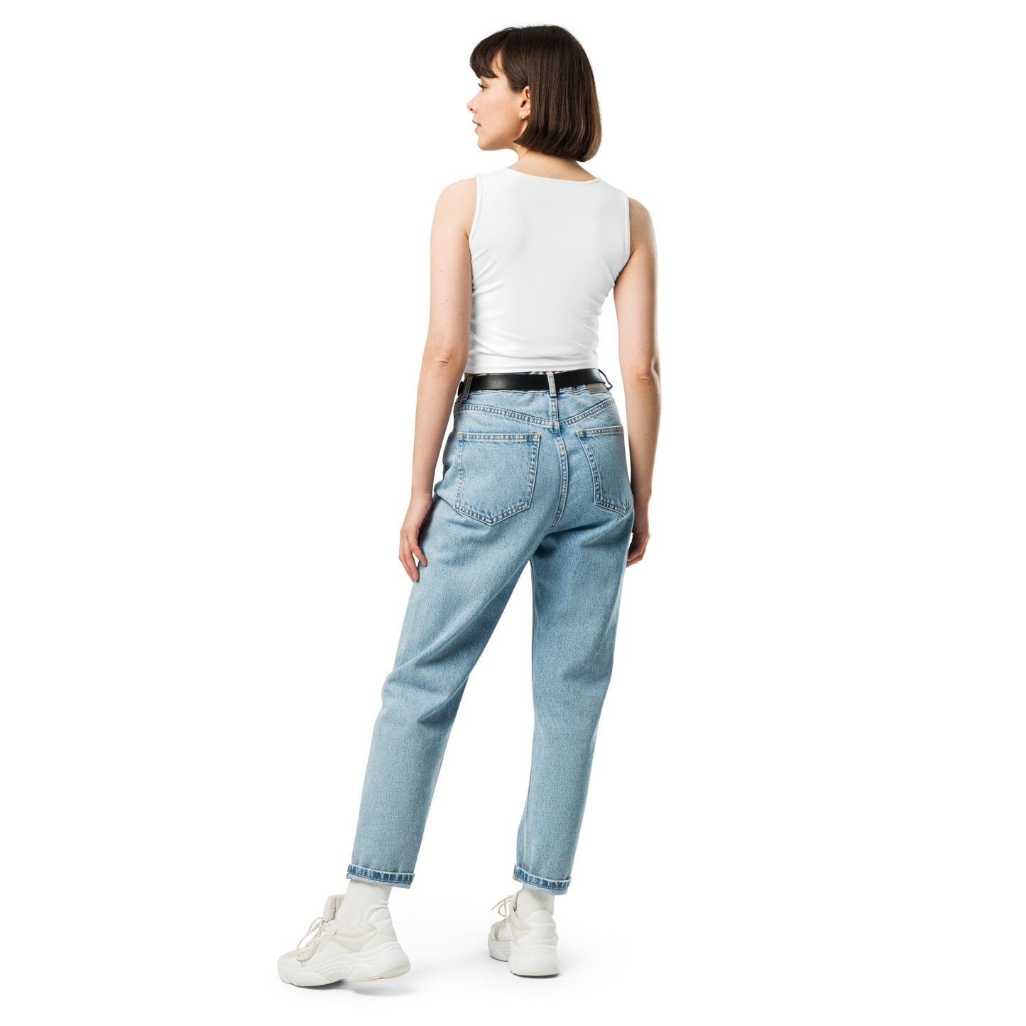 Women's Crop Top, White. S+F Square Logo Design.