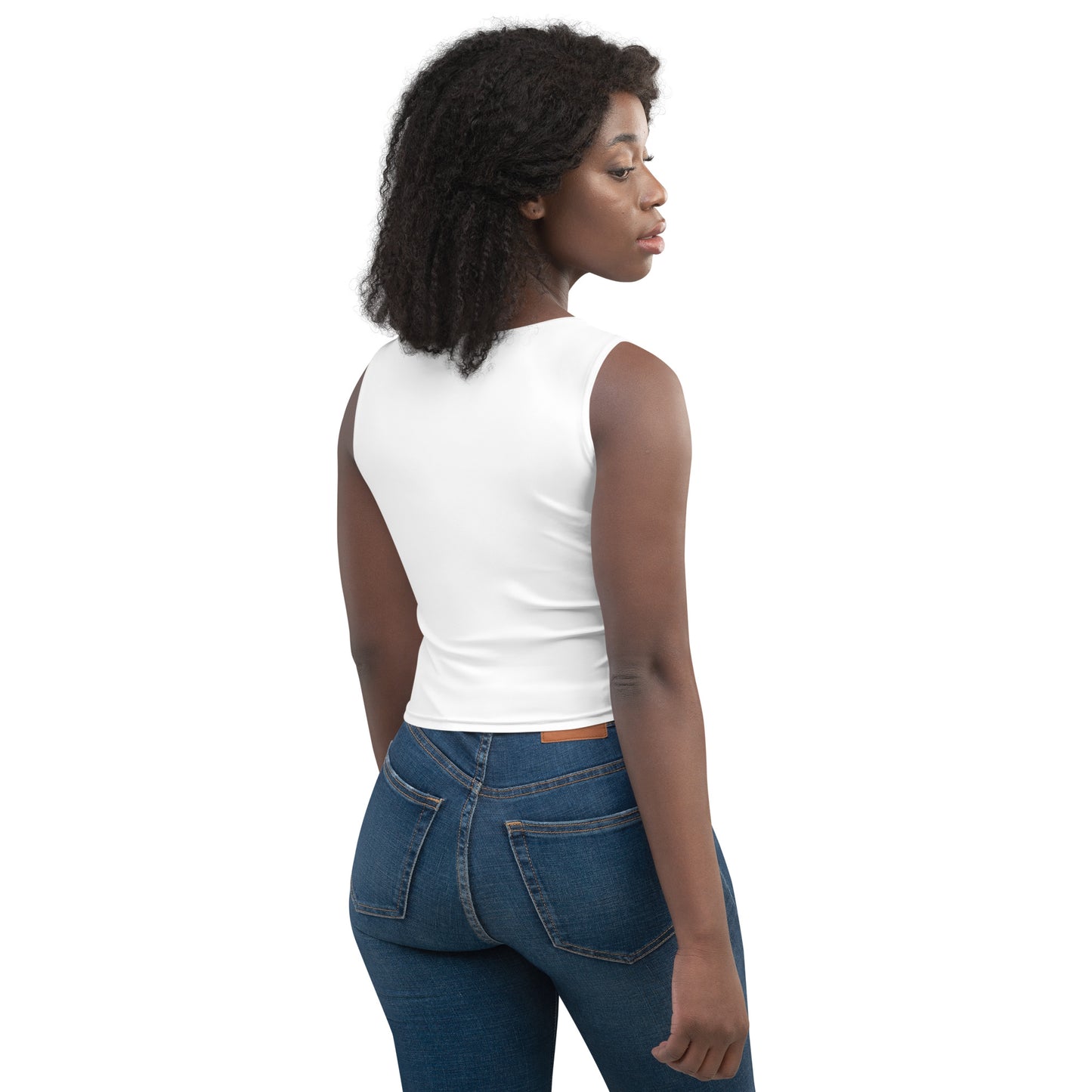 Women's Crop Top, White. S+F Square Logo Design.