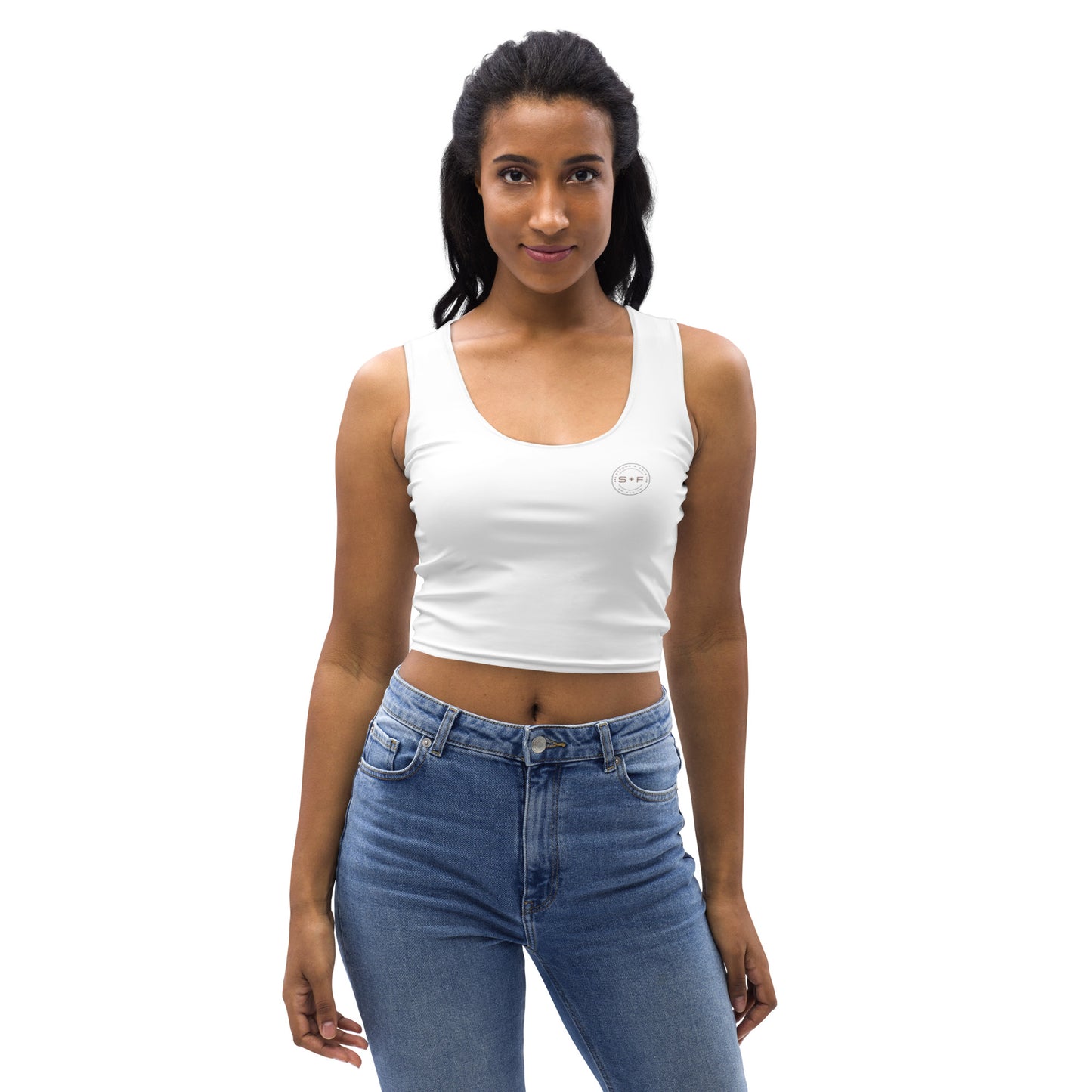 Women's Crop Top, White. S+F Circle Logo Design.