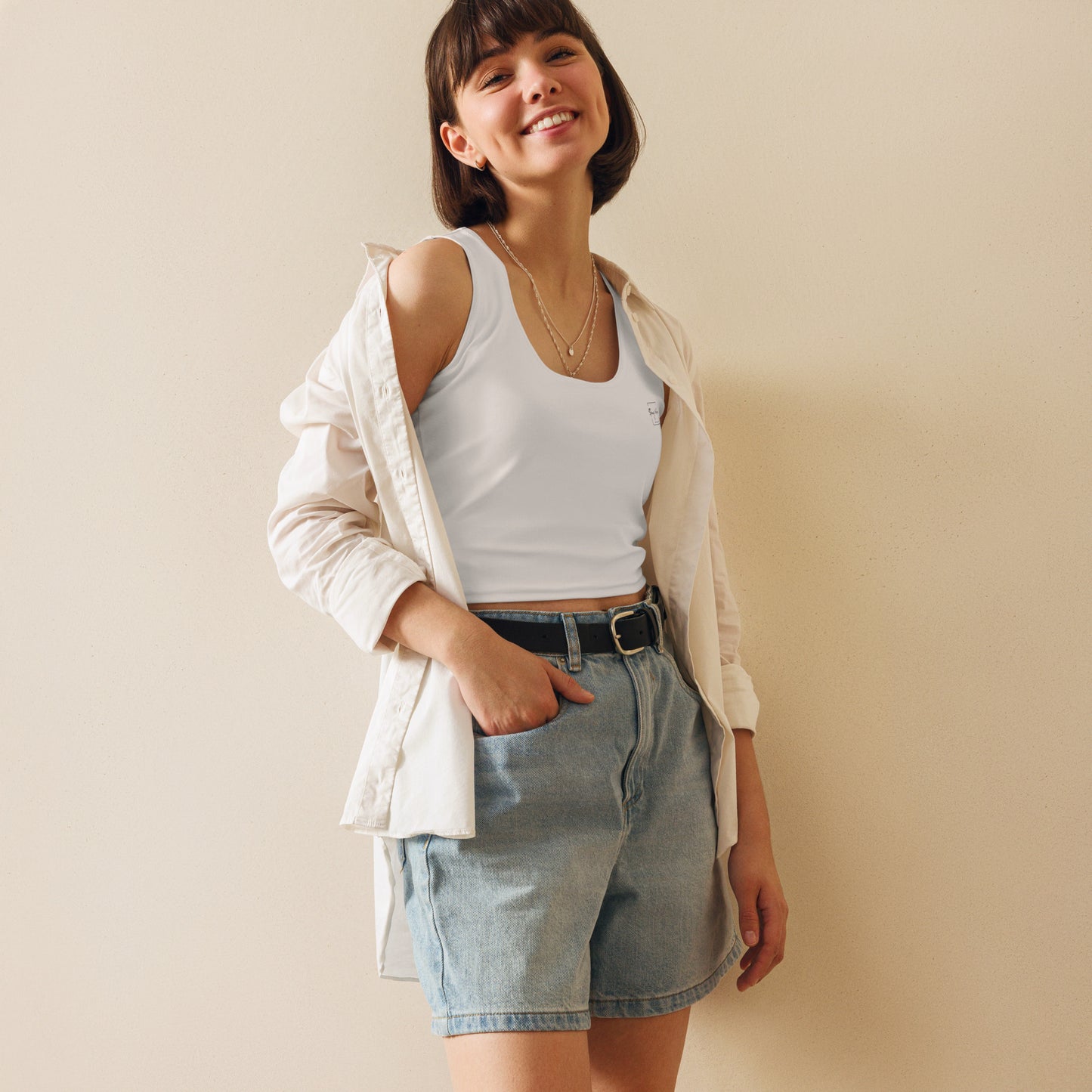 Women's Crop Top, White. S+F Square Logo Design.