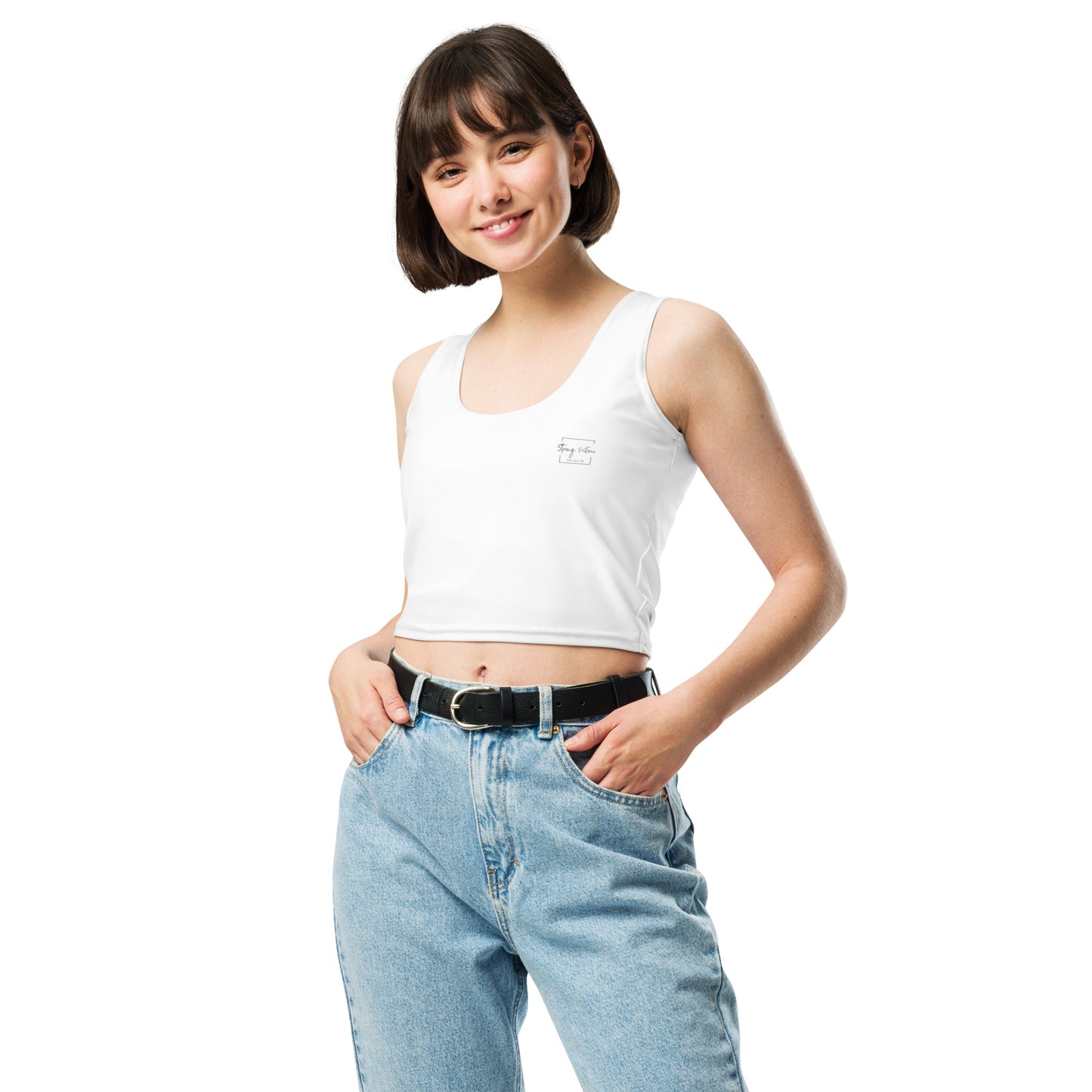 Women's Crop Top, White. S+F Square Logo Design.