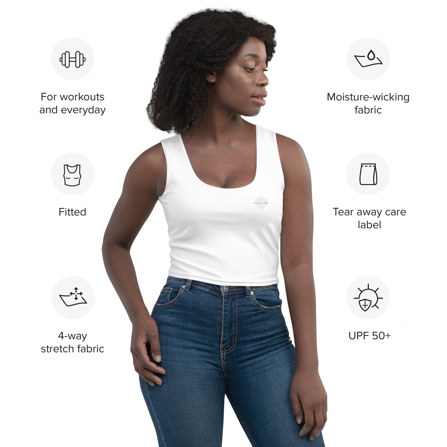 Women's Crop Top, White. S+F Shield Logo Design.