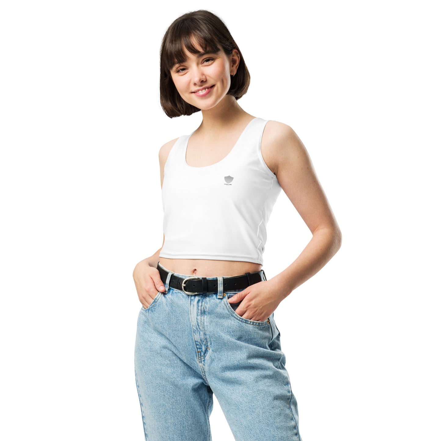 Crop Top, white. S+F signature shield logo.