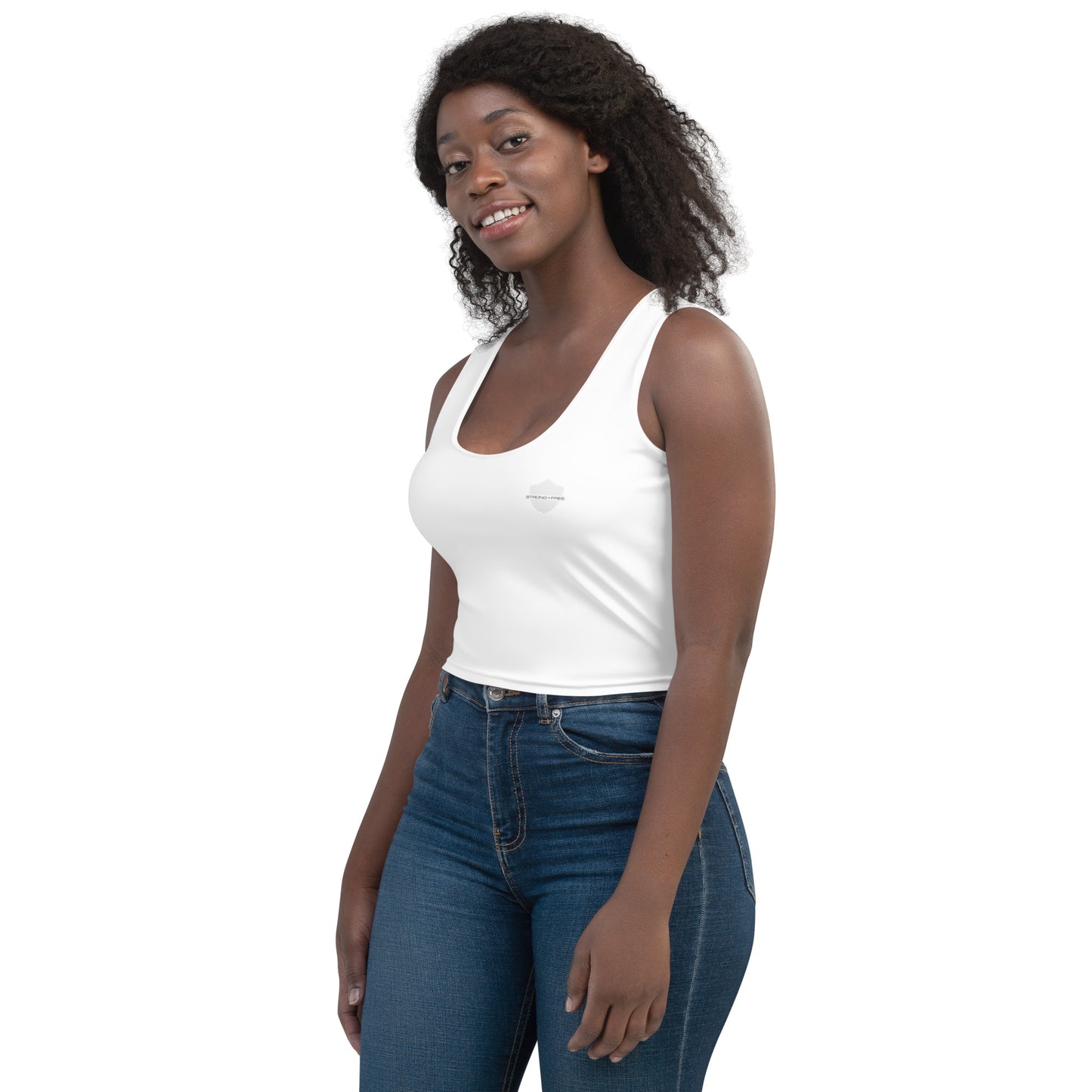 Women's Crop Top, White. S+F Shield Logo Design.
