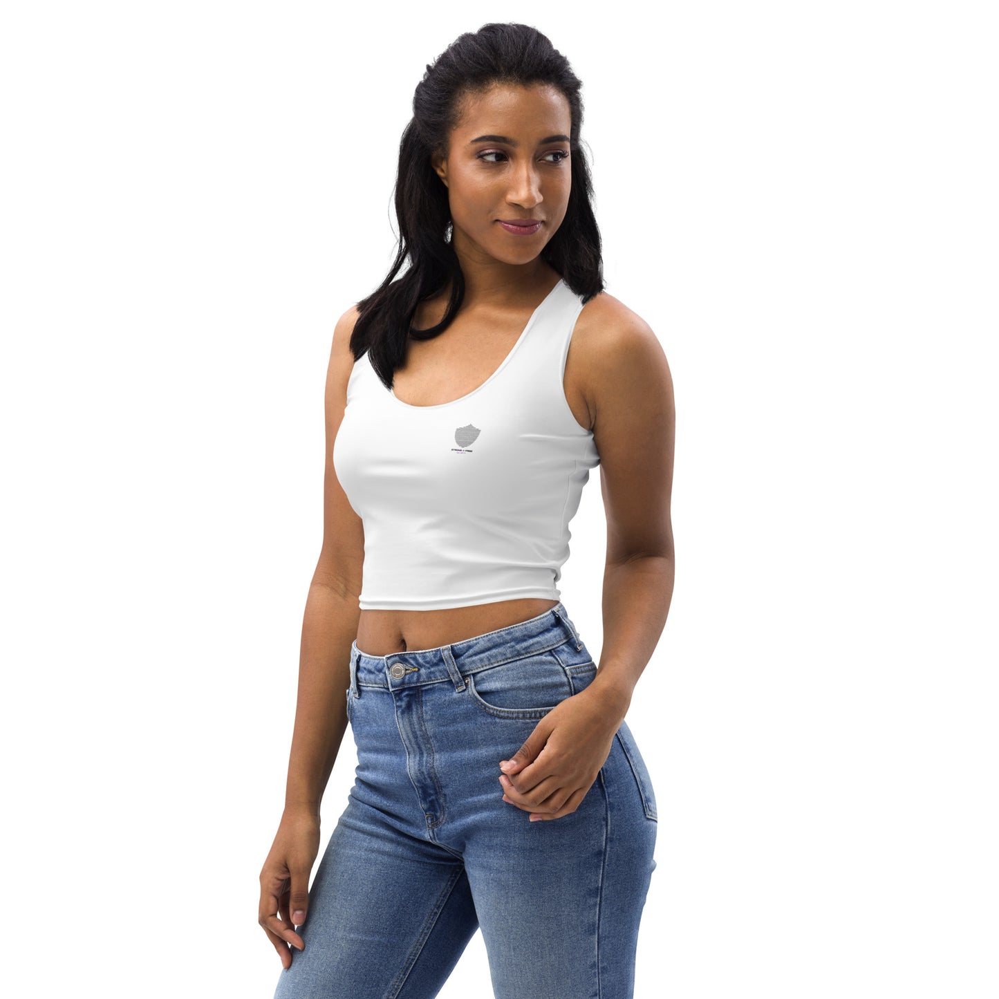 Crop Top, white. S+F signature shield logo II.