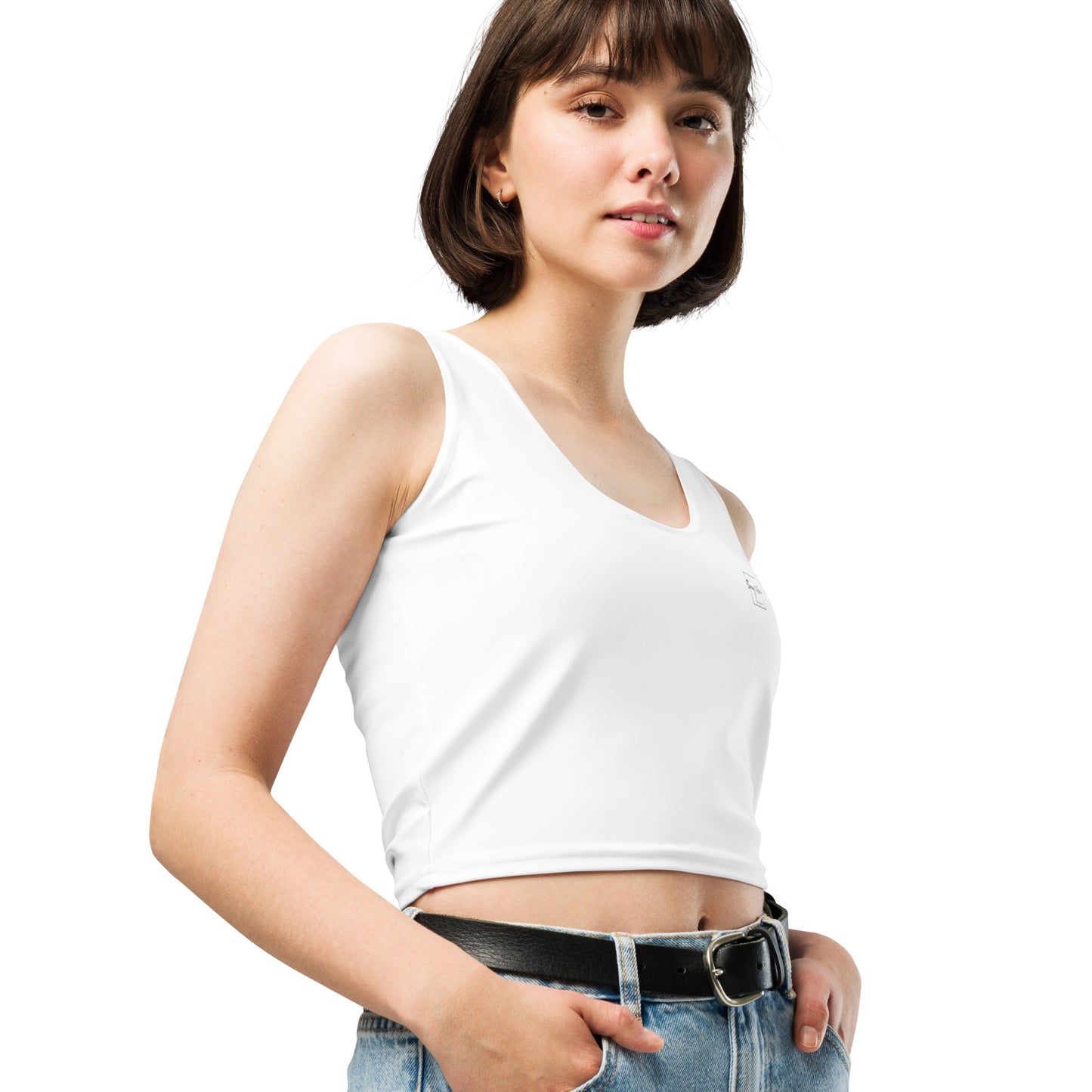 Women's Crop Top, White. S+F Square Logo Design.
