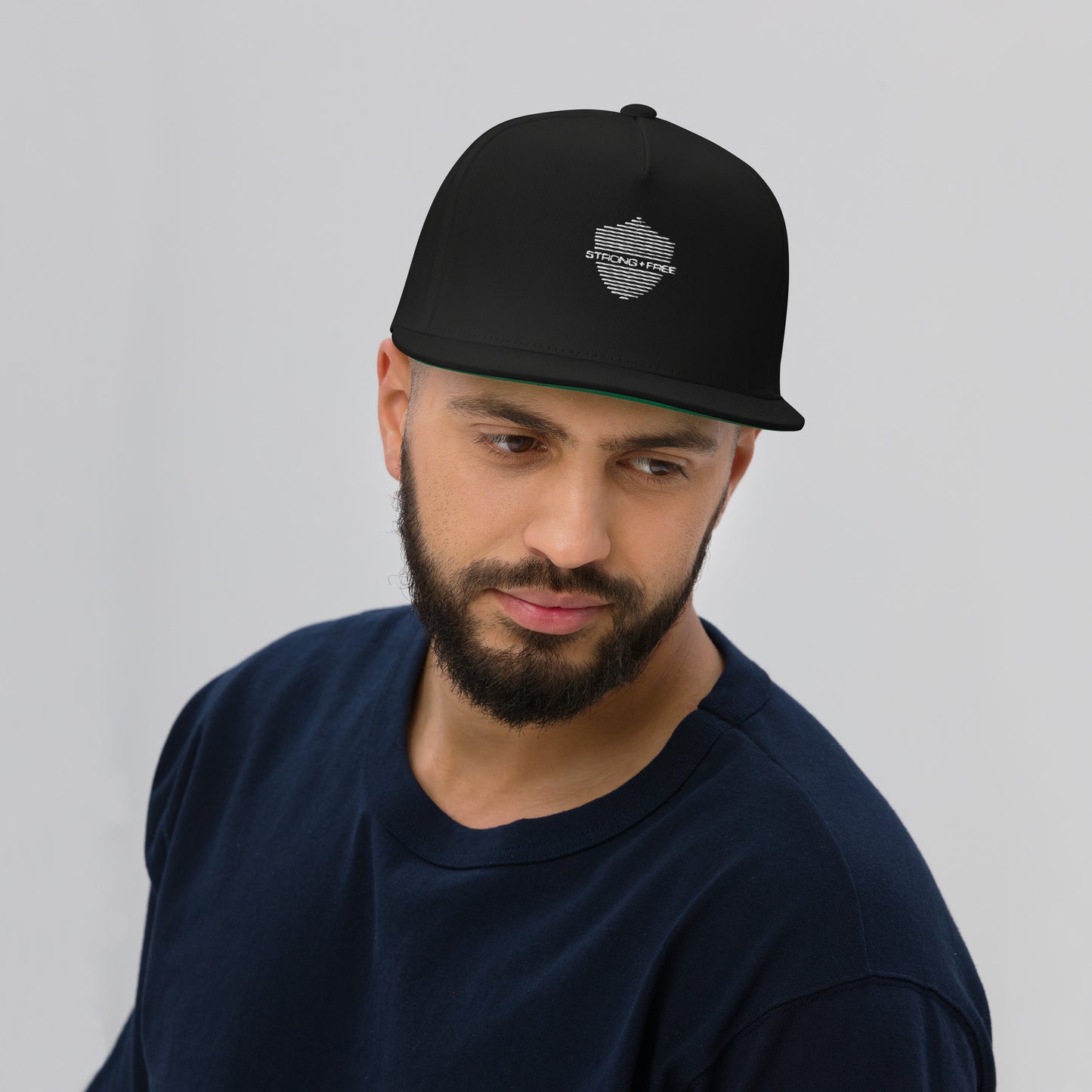 Flat Bill Cap,  Black. S+F Shield Logo Design.
