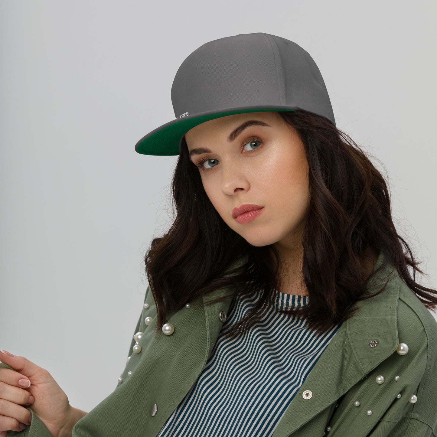 Flat Bill Cap, Grey. S+F White Typefont Logo Design.