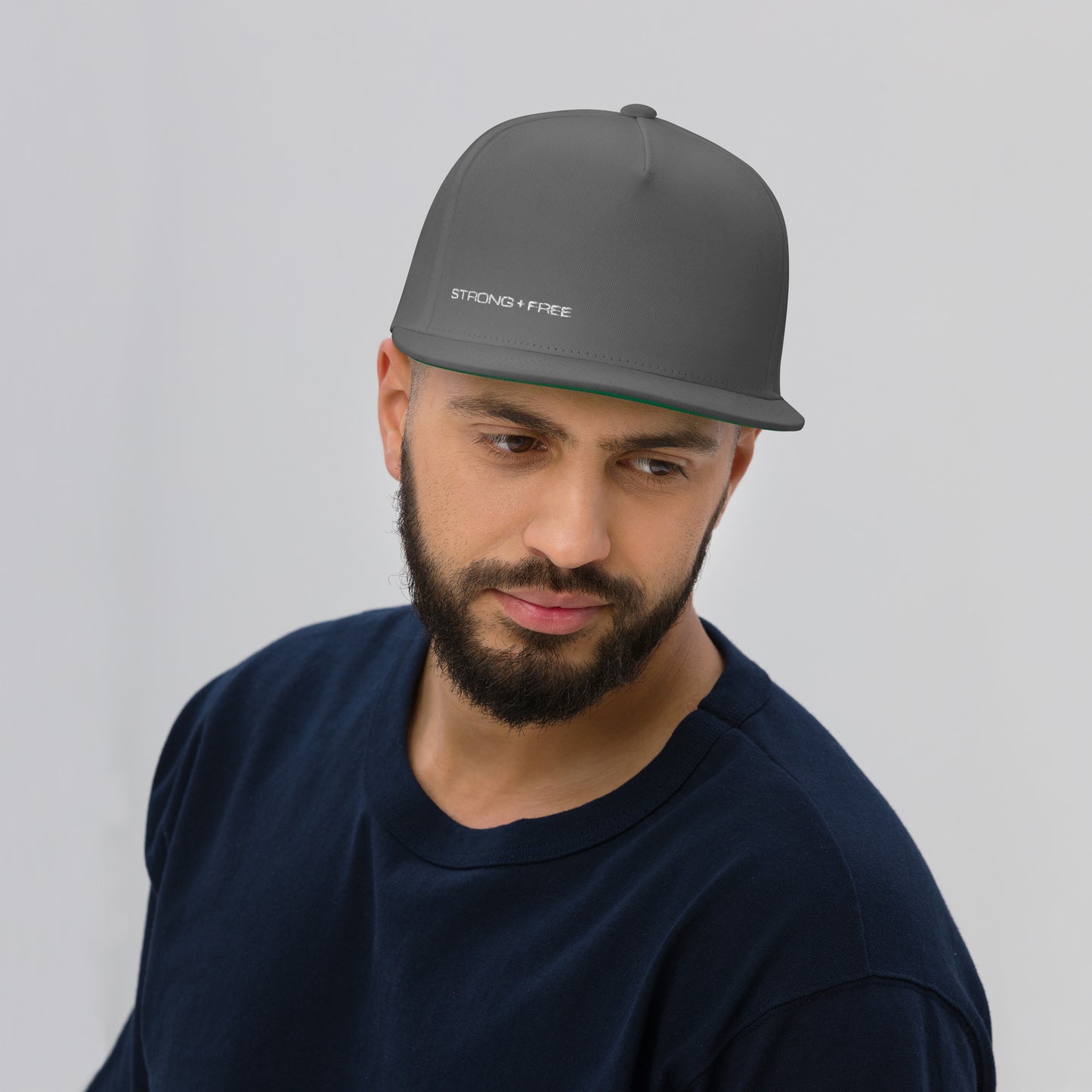 Flat Bill Cap, Grey. S+F White Typefont Logo Design.