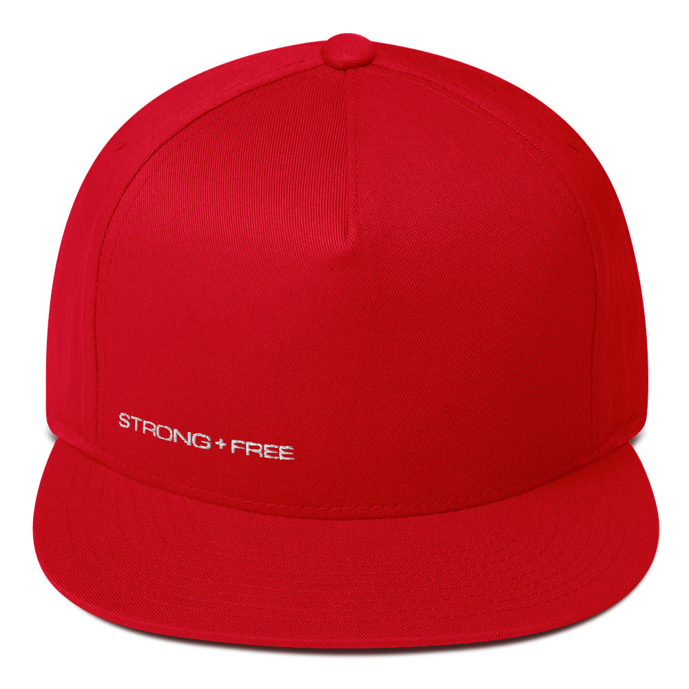 Flat Bill Cap, Red. S+F White Typefont Logo Design.