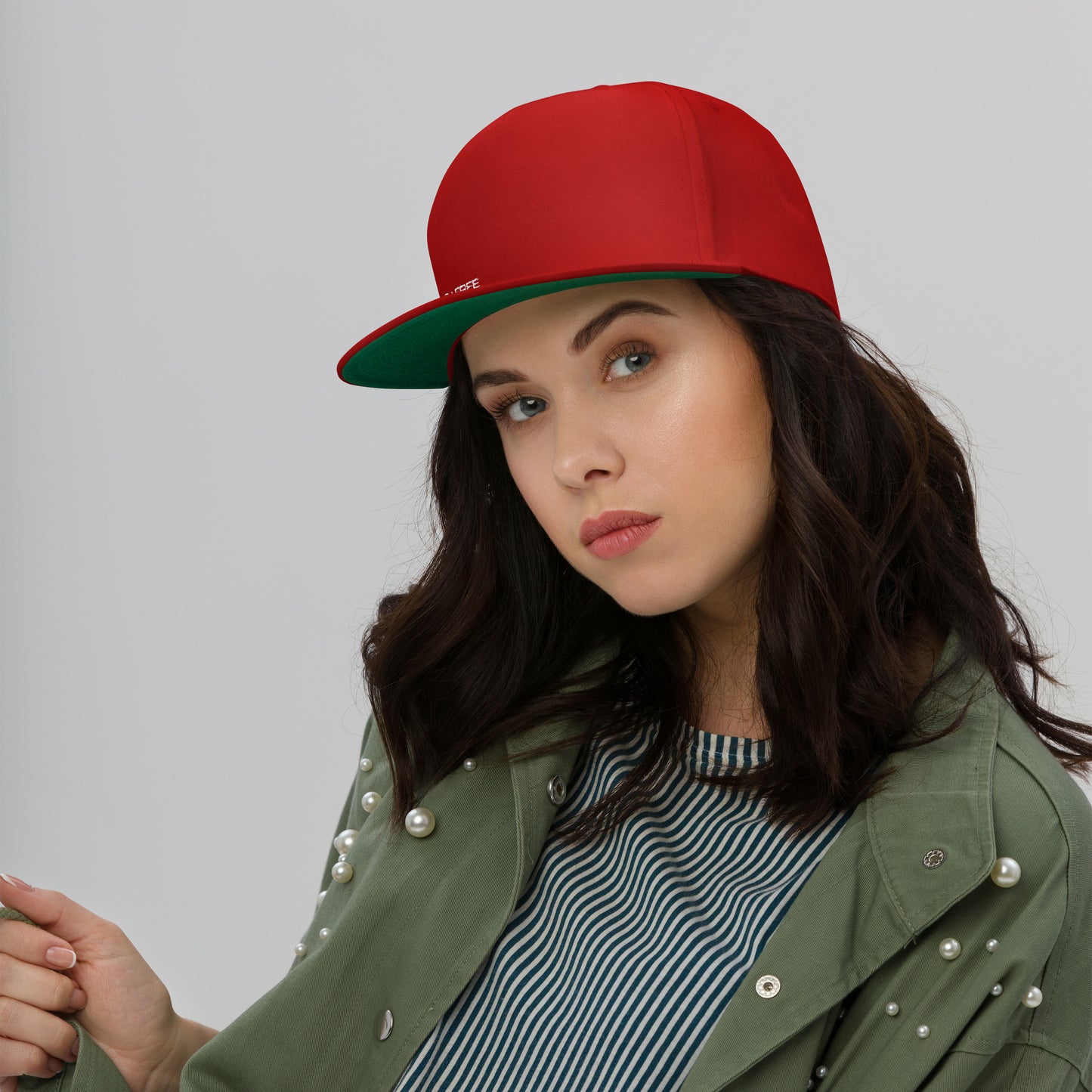 Flat Bill Cap, Red. S+F White Typefont Logo Design.