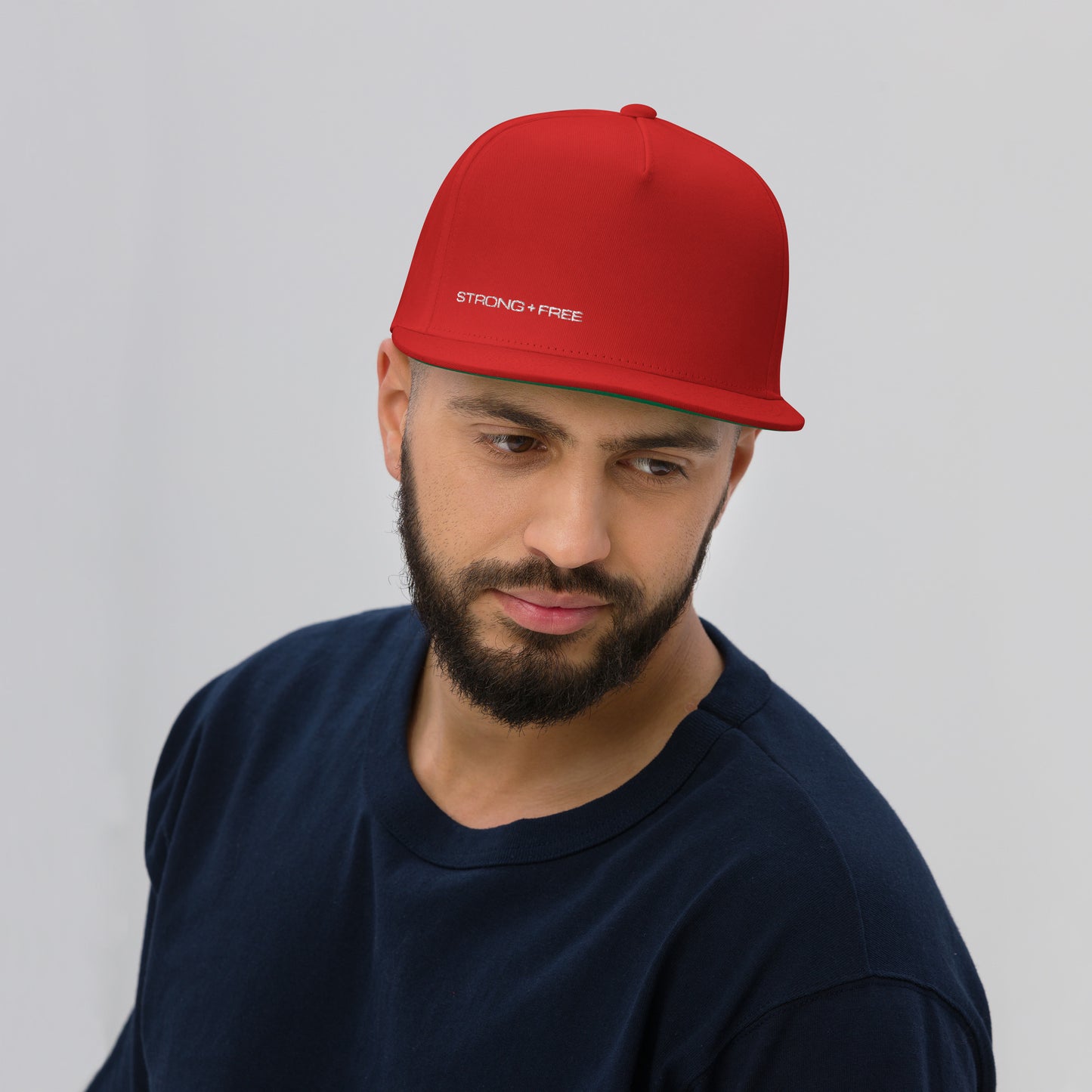 Flat Bill Cap, Red. S+F White Typefont Logo Design.