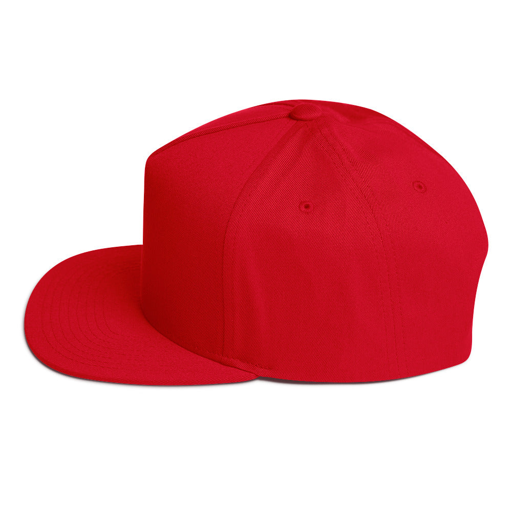 Flat Bill Cap, Red. S+F White Typefont Logo Design.