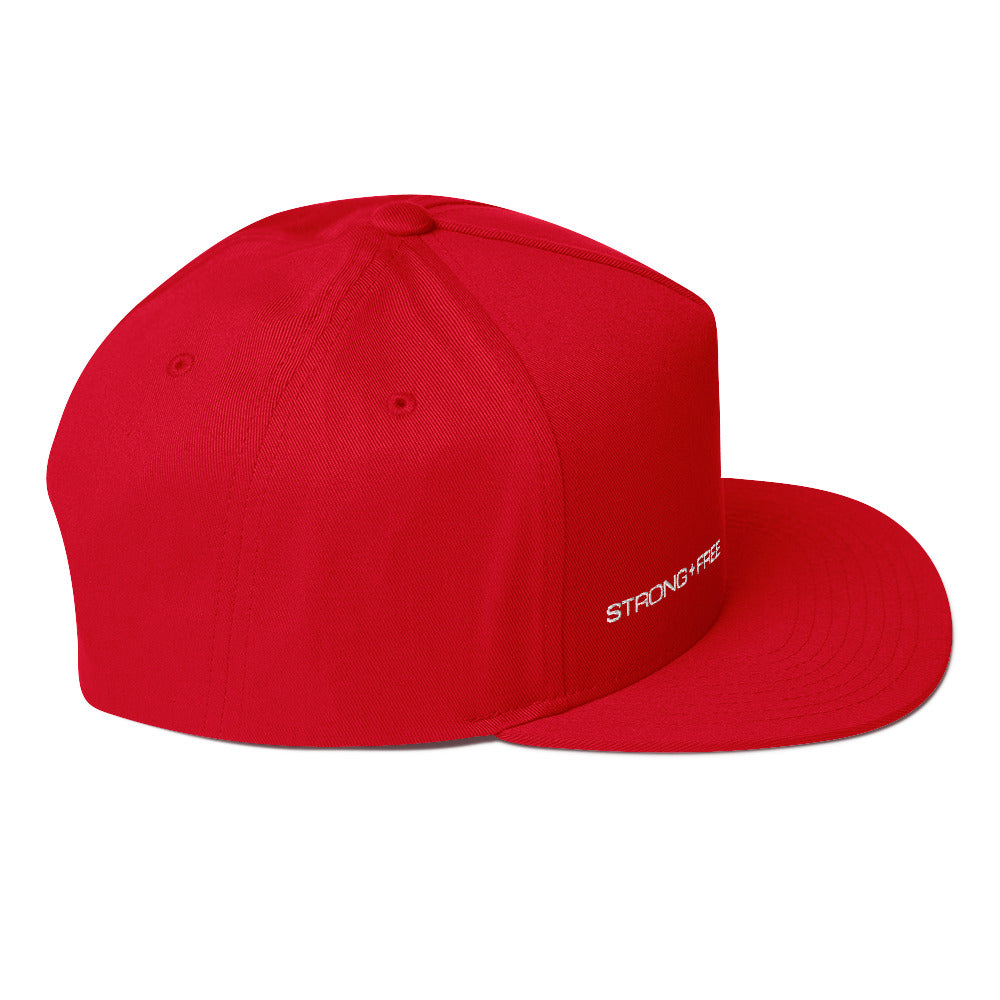 Flat Bill Cap, Red. S+F White Typefont Logo Design.