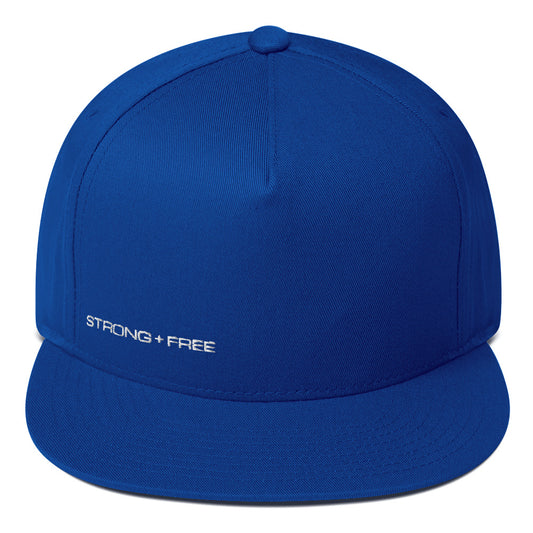 Flat Bill Cap,  Blue. S+F White Typefont Logo Design.