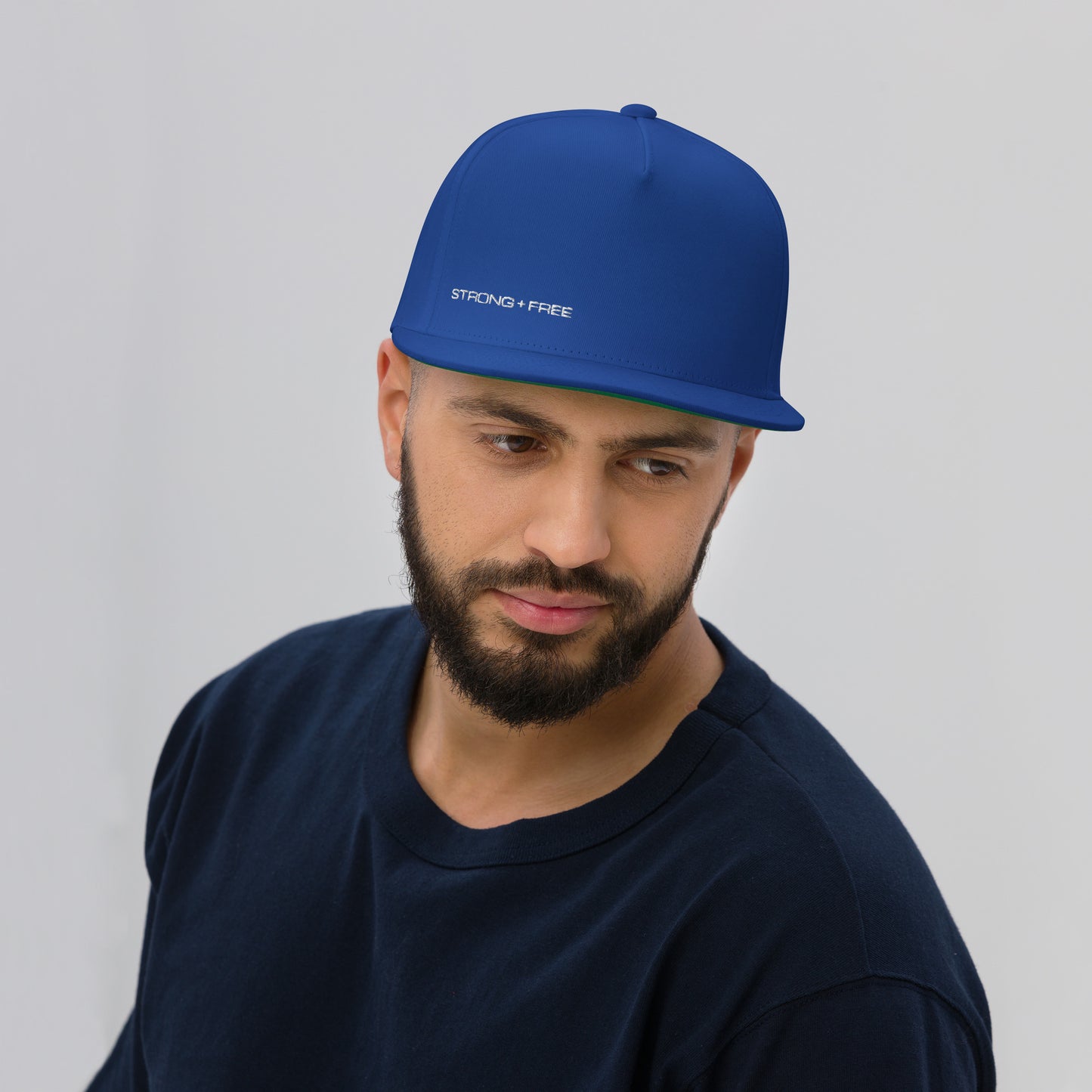 Flat Bill Cap,  Blue. S+F White Typefont Logo Design.
