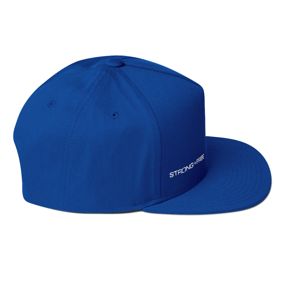 Flat Bill Cap,  Blue. S+F White Typefont Logo Design.