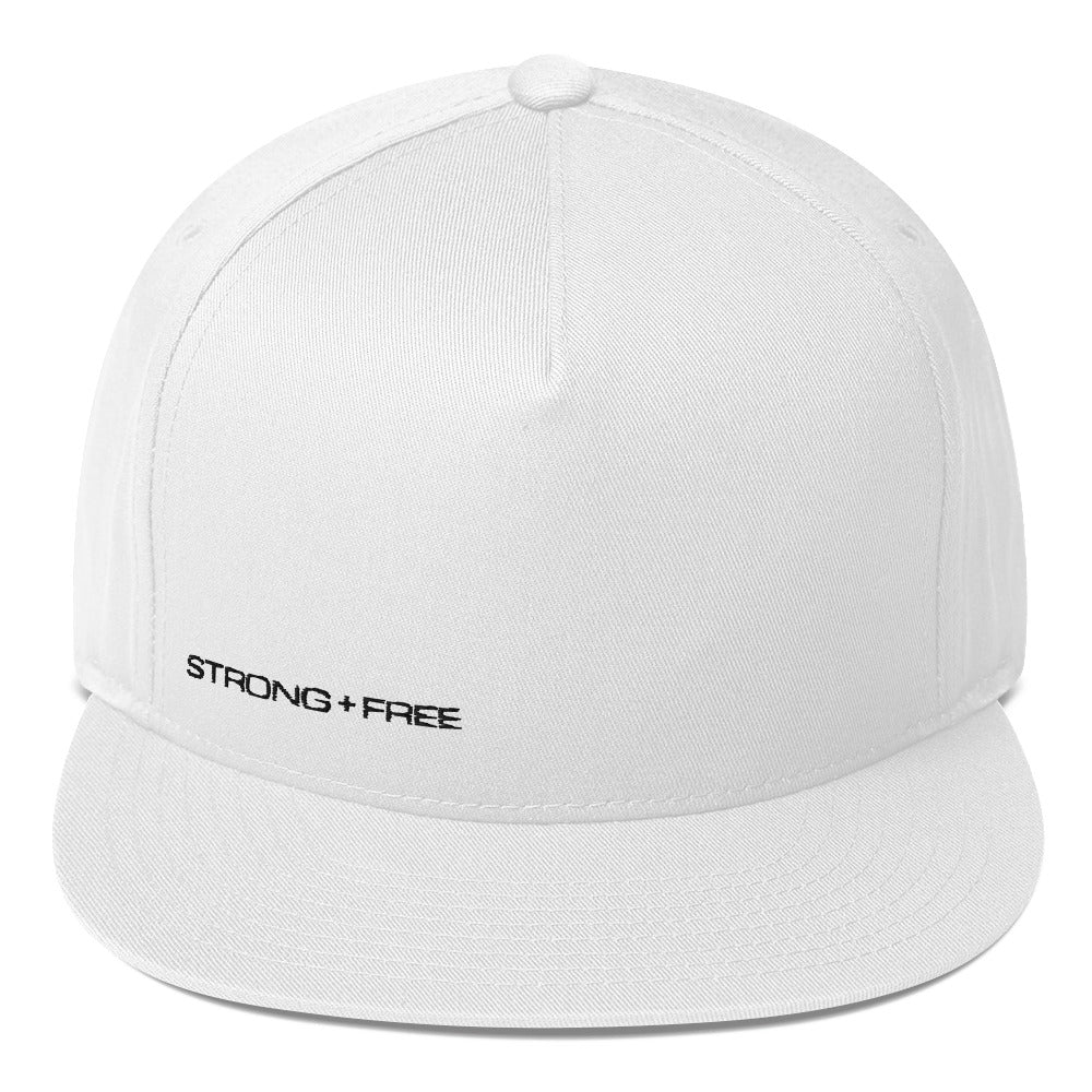 Flat Bill Cap, White. S+F Black Typefont Logo Design.