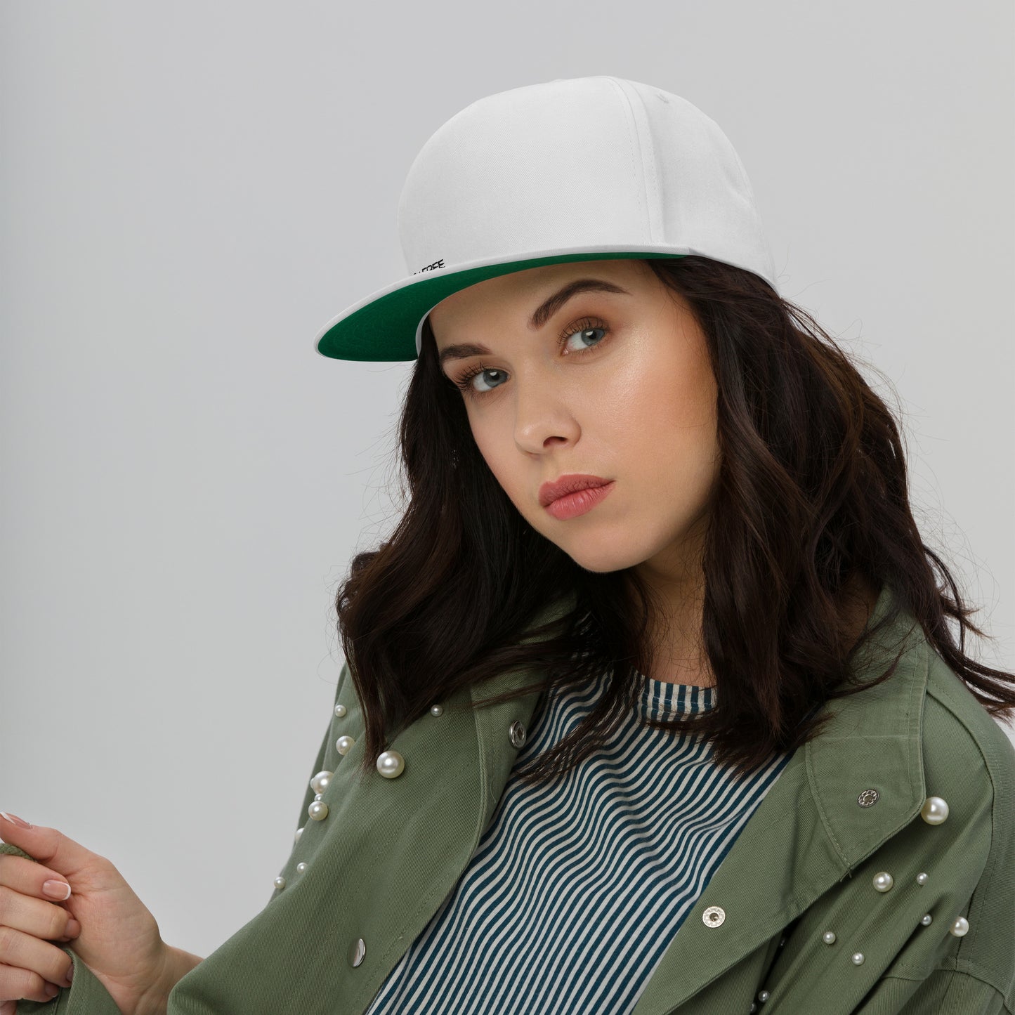 Flat Bill Cap, White. S+F Black Typefont Logo Design.