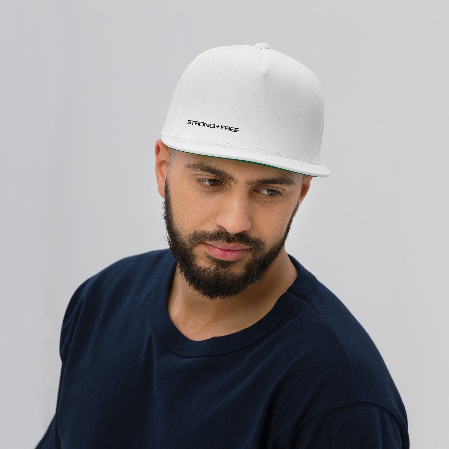 Flat Bill Cap, White. S+F Black Typefont Logo Design.