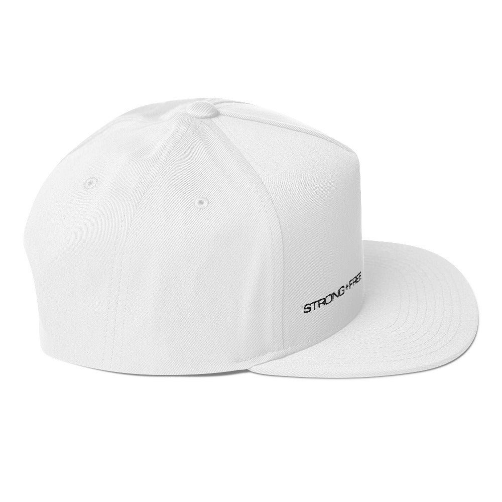 Flat Bill Cap, White. S+F Black Typefont Logo Design.