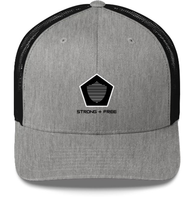 Trucker Cap, grey/black. S+F signature shield logo design, reverse black pentagon crest.