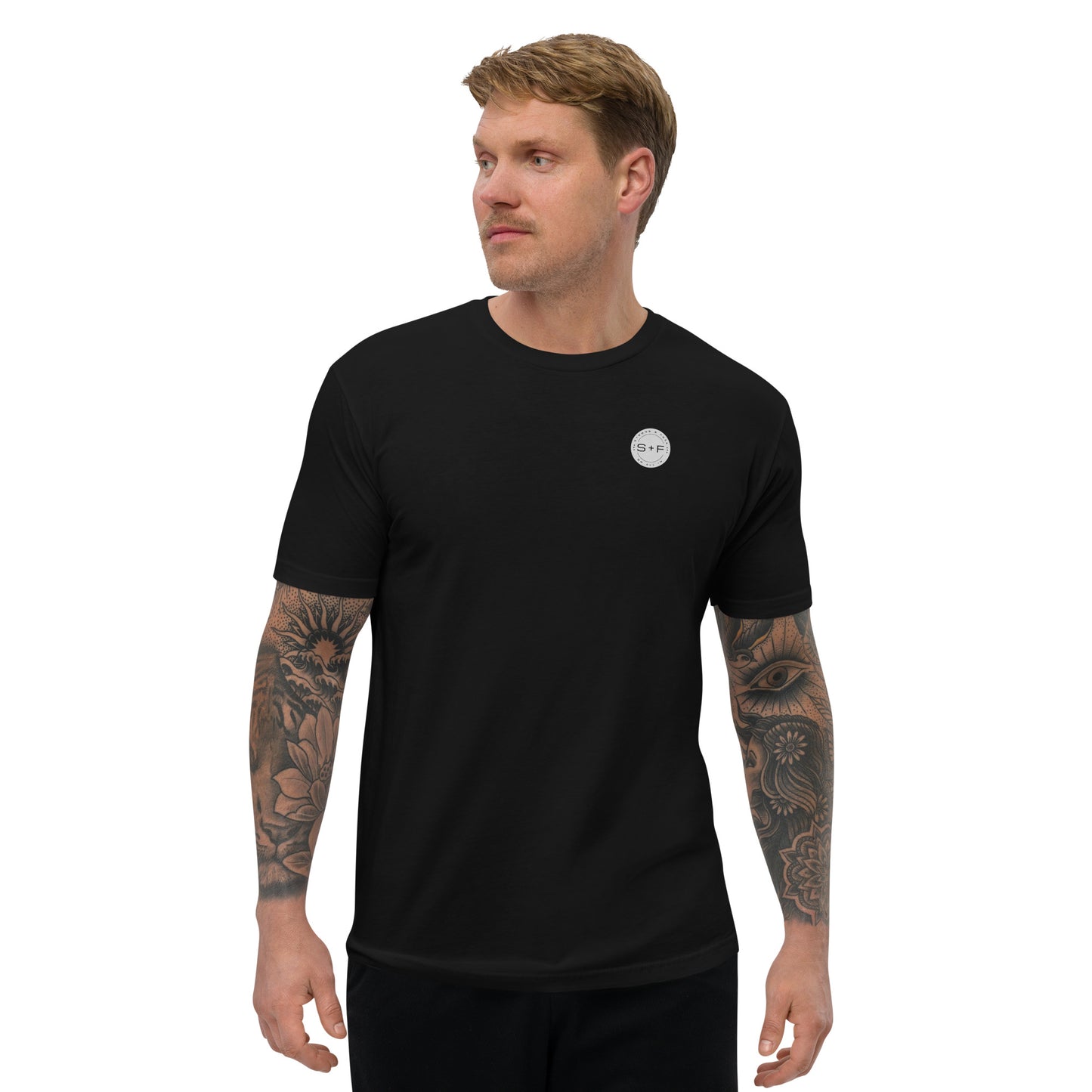 Men's Classic Fit T-shirt, Black/White/Blue/Red. S+F Reverse Grey Logo Design.