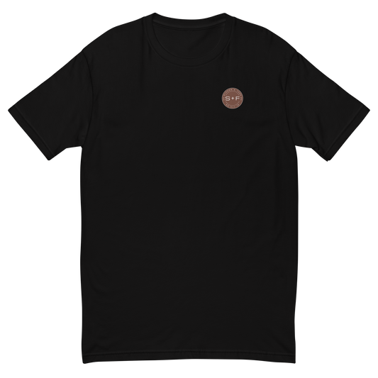 Men's Classic Fit T-shirt, Black/Blue/Red/White. S+F Reverse Brown Logo Design.