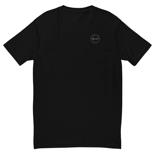 Men's Classic Fit T-Shirt, Black/Blue/Red/Grey. S+F White Circle Logo Design.