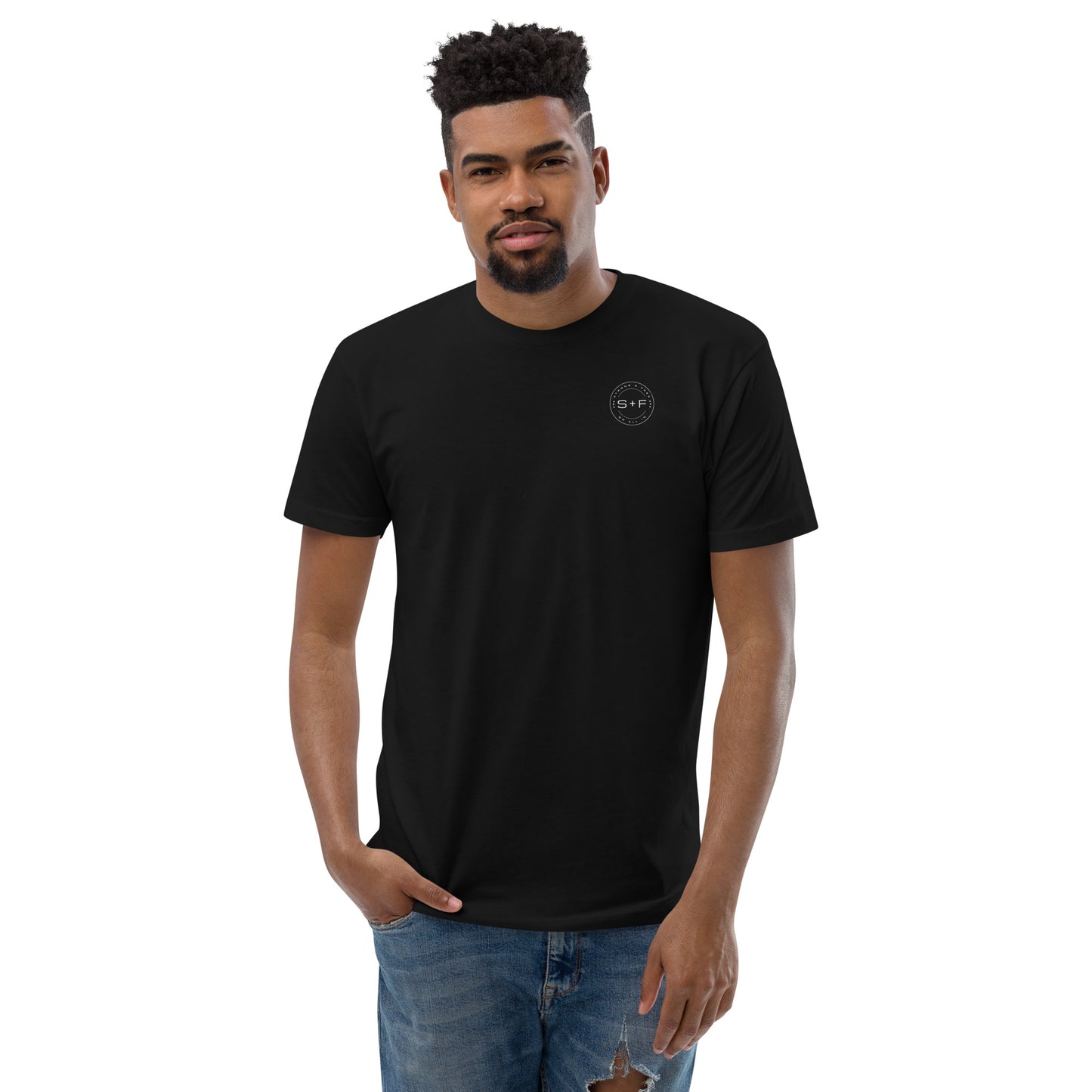 Men's Classic Fit T-Shirt, Black/Blue/Red/Grey. S+F White Circle Logo Design.