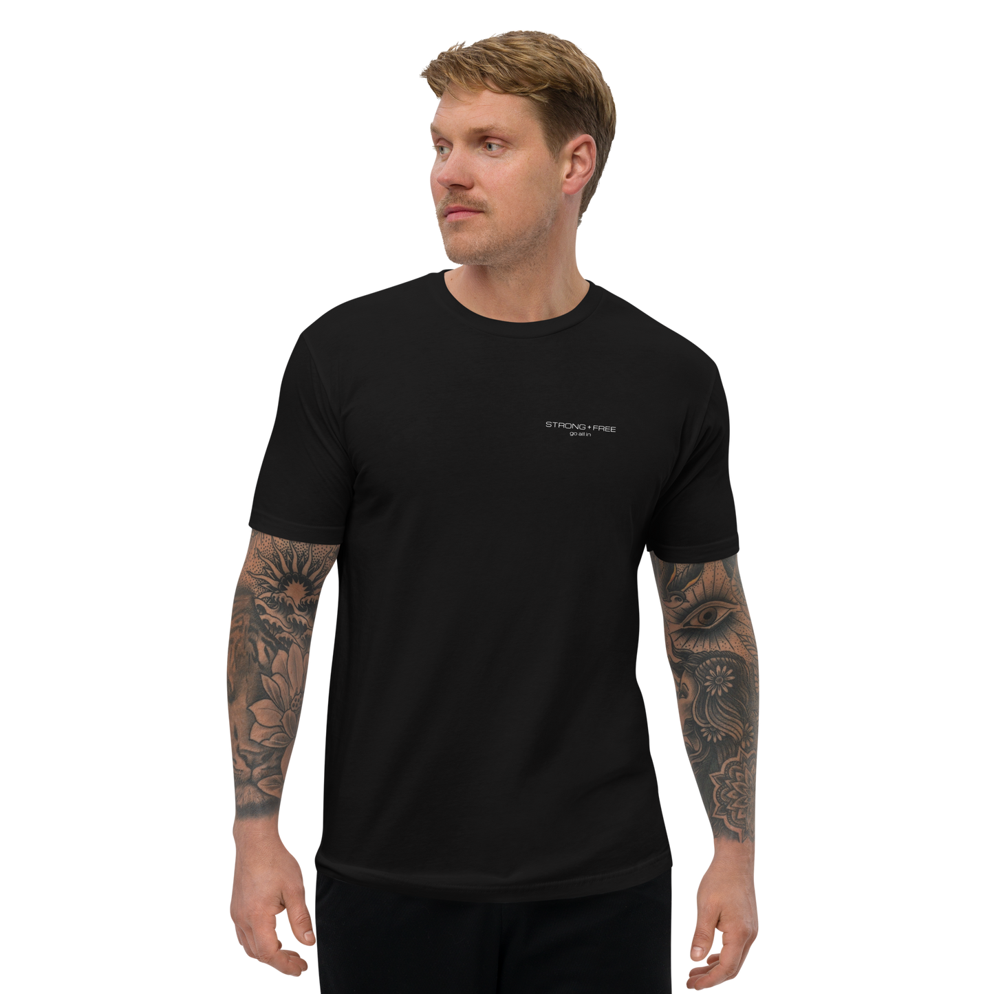 Men's Classic Fit T-Shirt, Black/Blue. S+F White Font Logo Design.