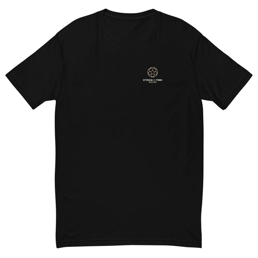 Soccer tee, black. S+F signature soccer logo design.